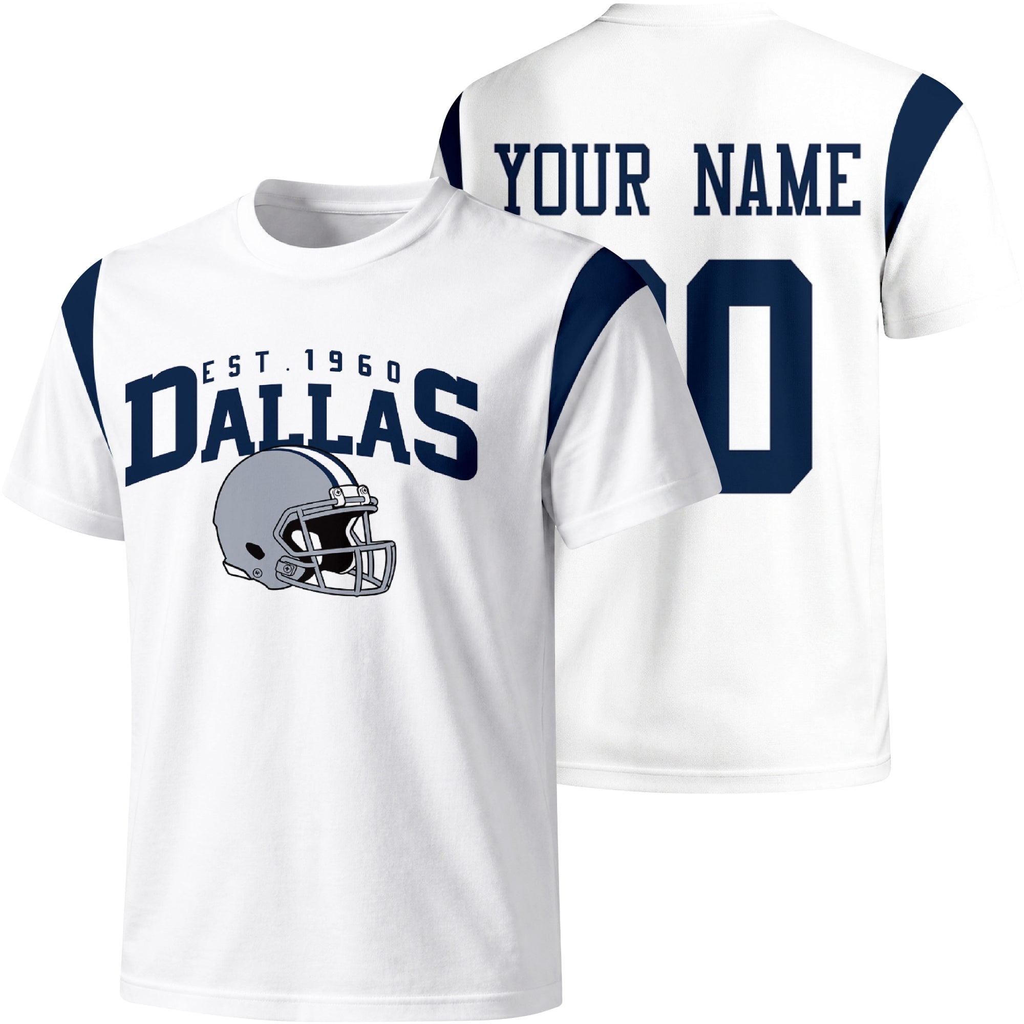 Dallas personalized varsity football T shirt in White showing front helmet design and back custom name and number