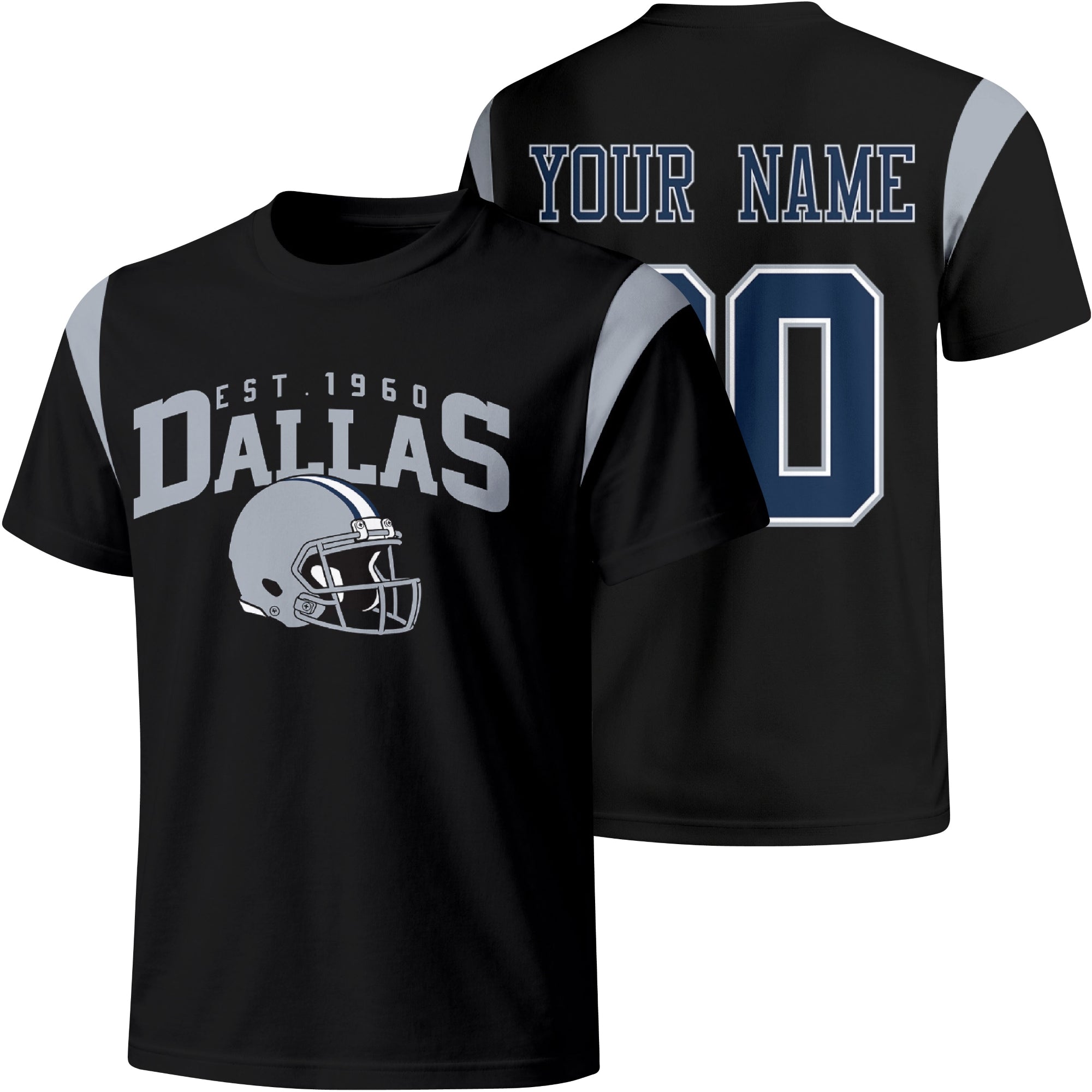 Dallas personalized varsity football T shirt in Black showing front helmet design and back custom name and number