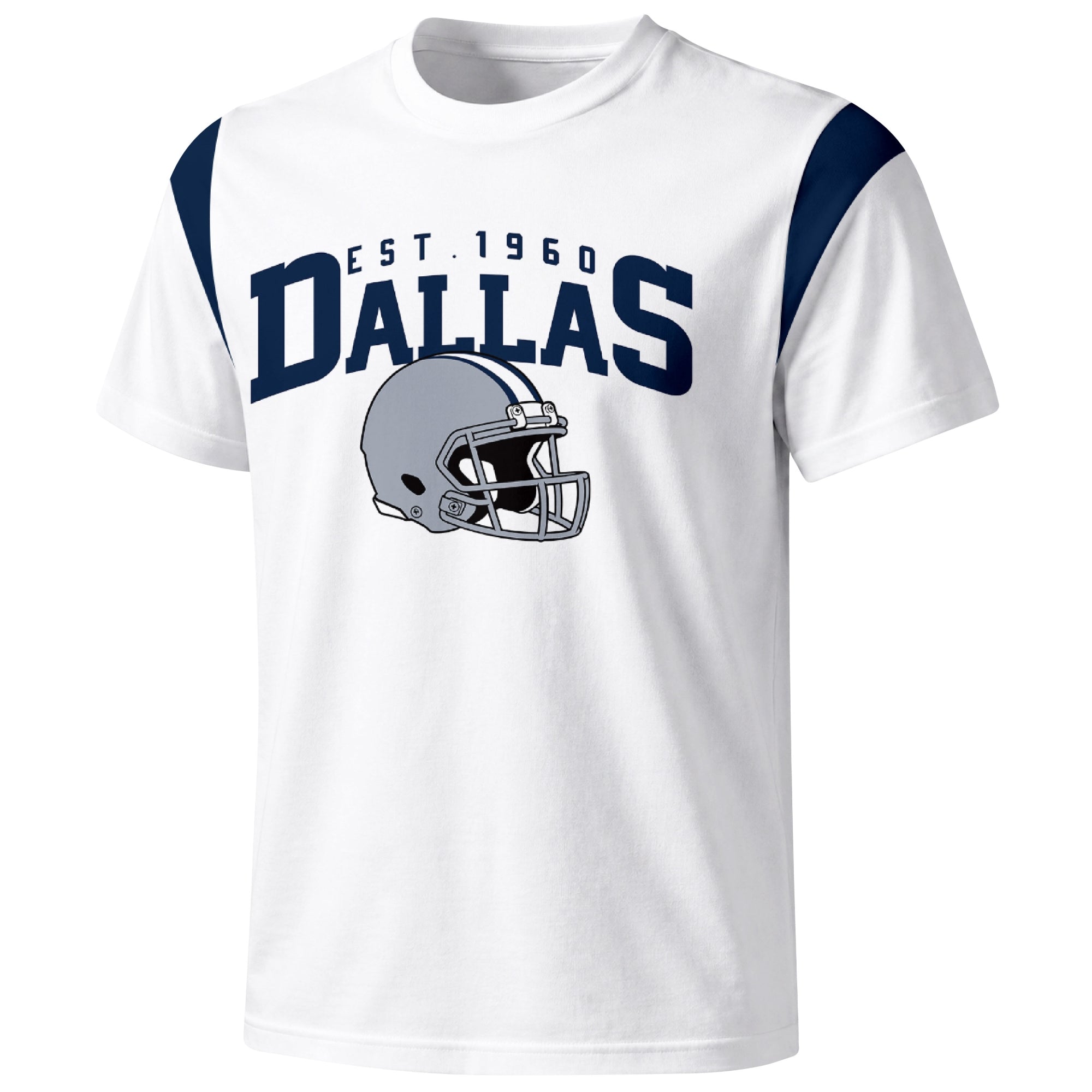 Dallas varsity football T shirt in White showing the front city helmet design and contrast shoulder panels