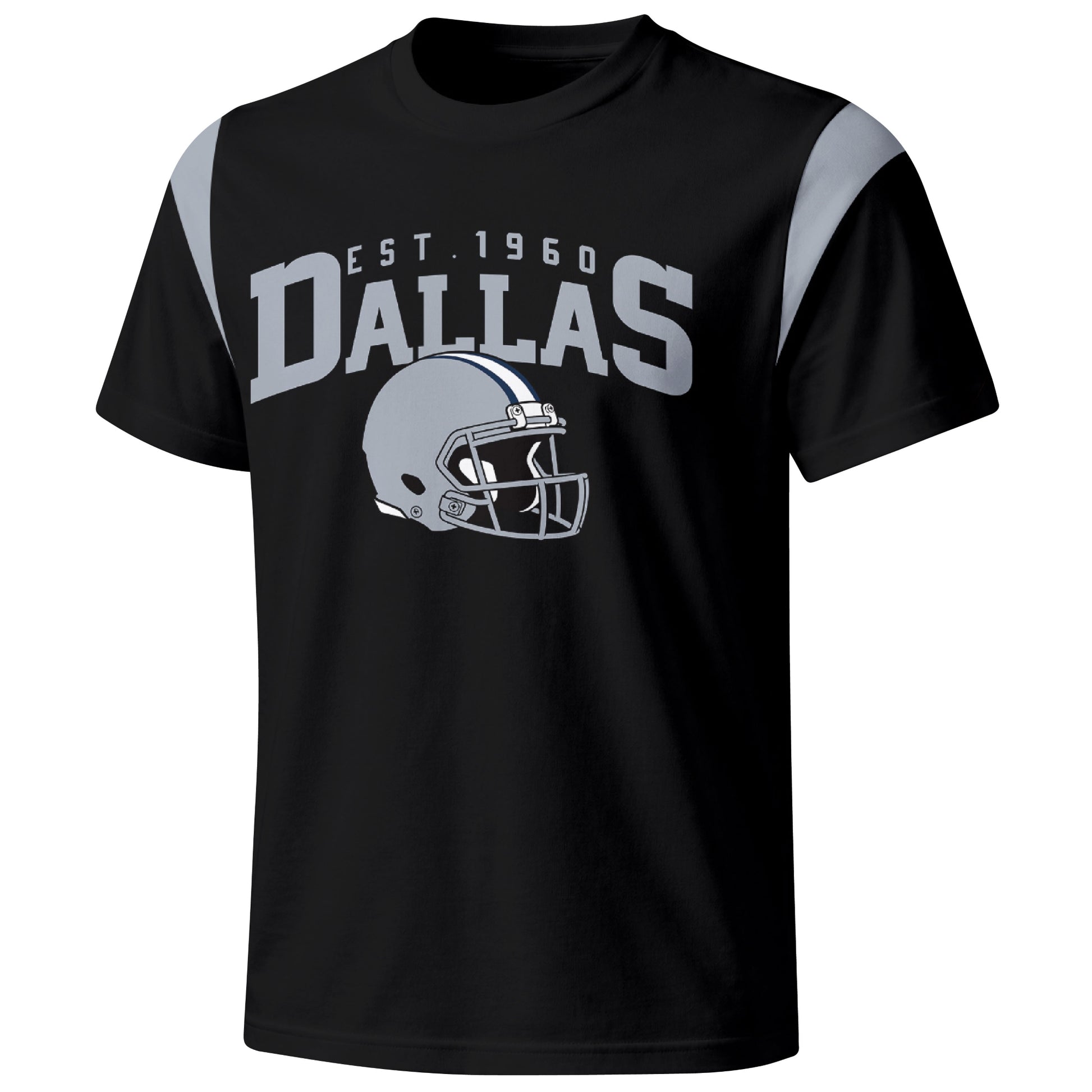 Dallas varsity football T shirt in Black showing the front city helmet design and contrast shoulder panels