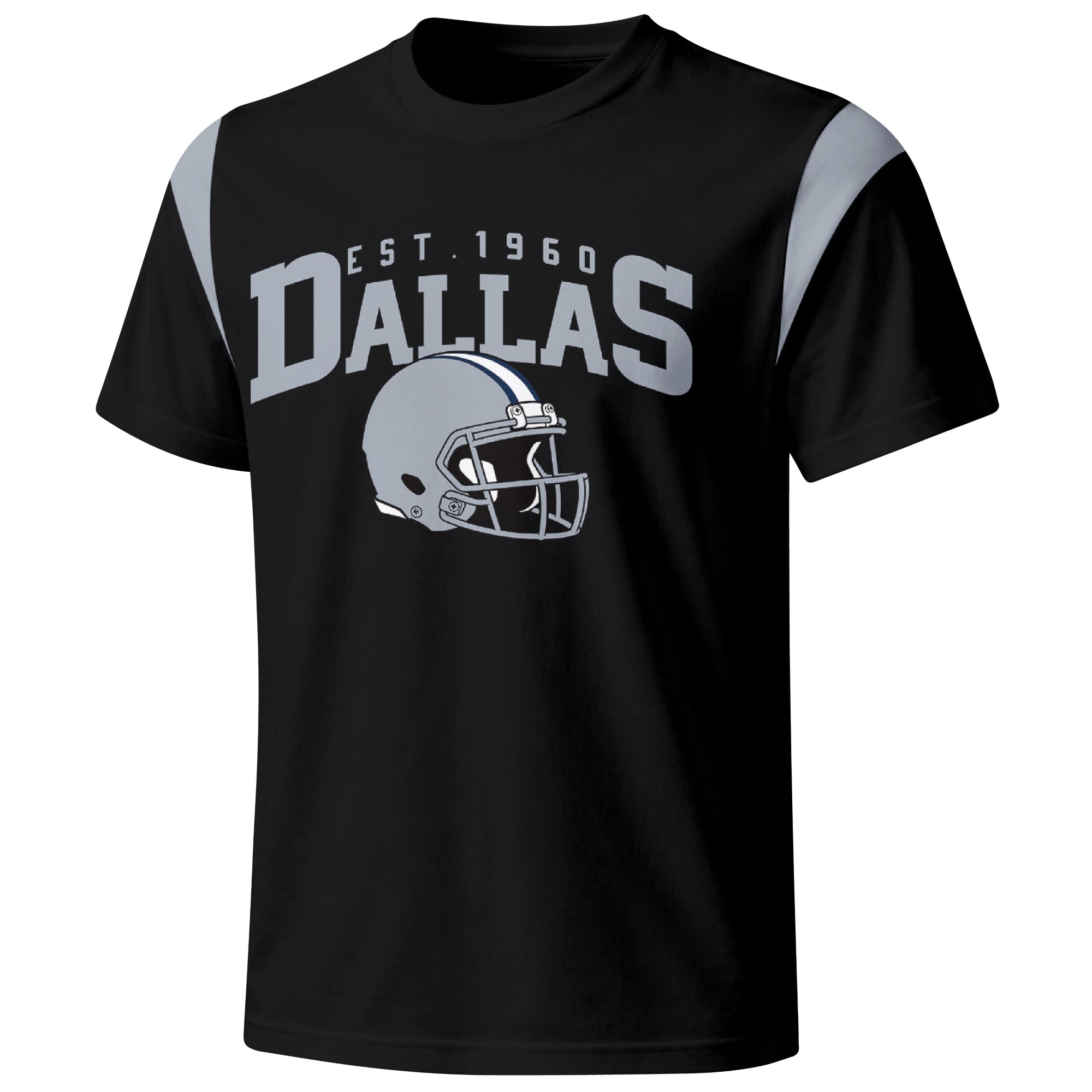 Dallas varsity football T shirt in Black showing the front city helmet design and contrast shoulder panels
