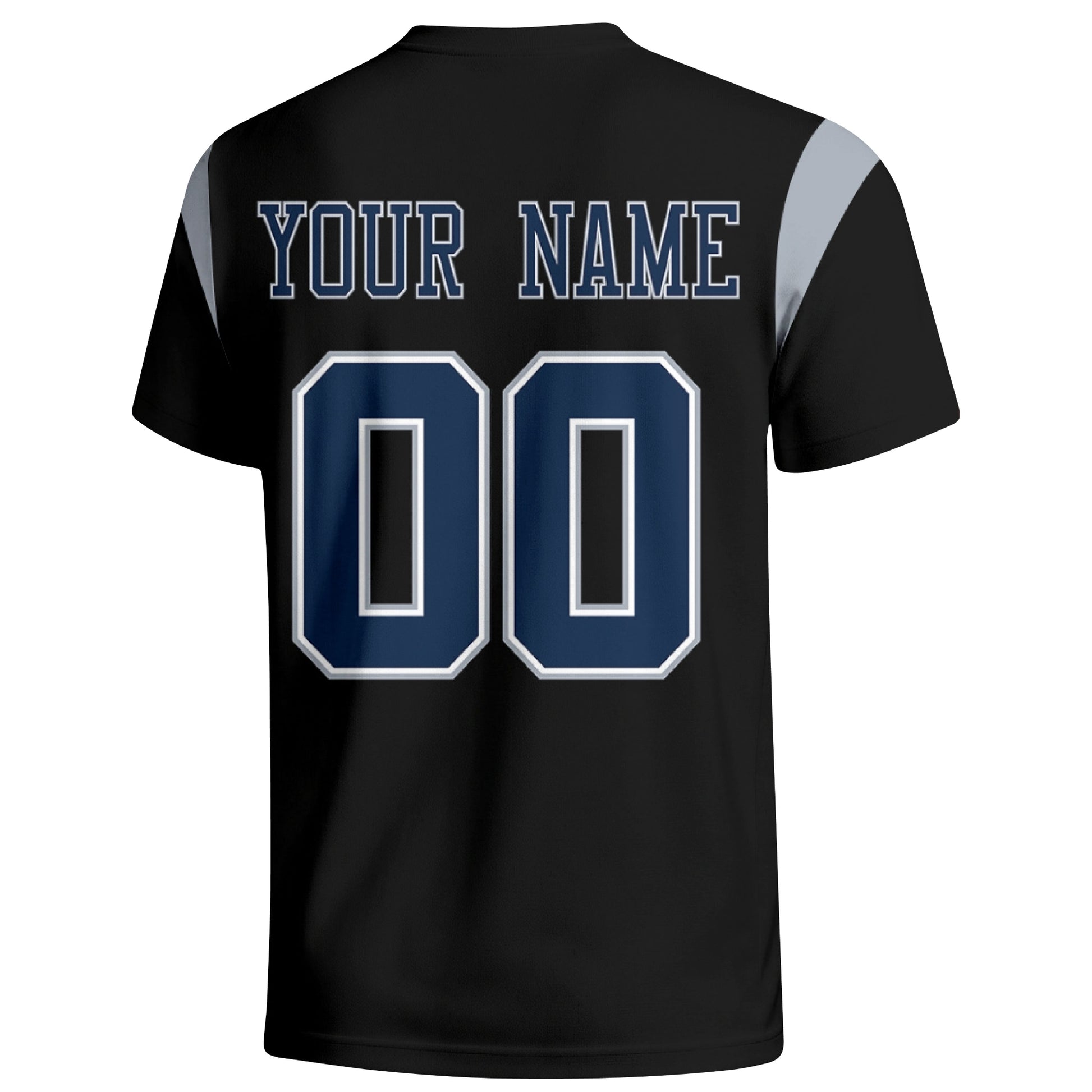 Dallas personalized varsity football T shirt in Black showing the back custom name and number