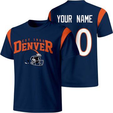 Denver personalized varsity football T shirt in Navy showing front helmet design and back custom name and number