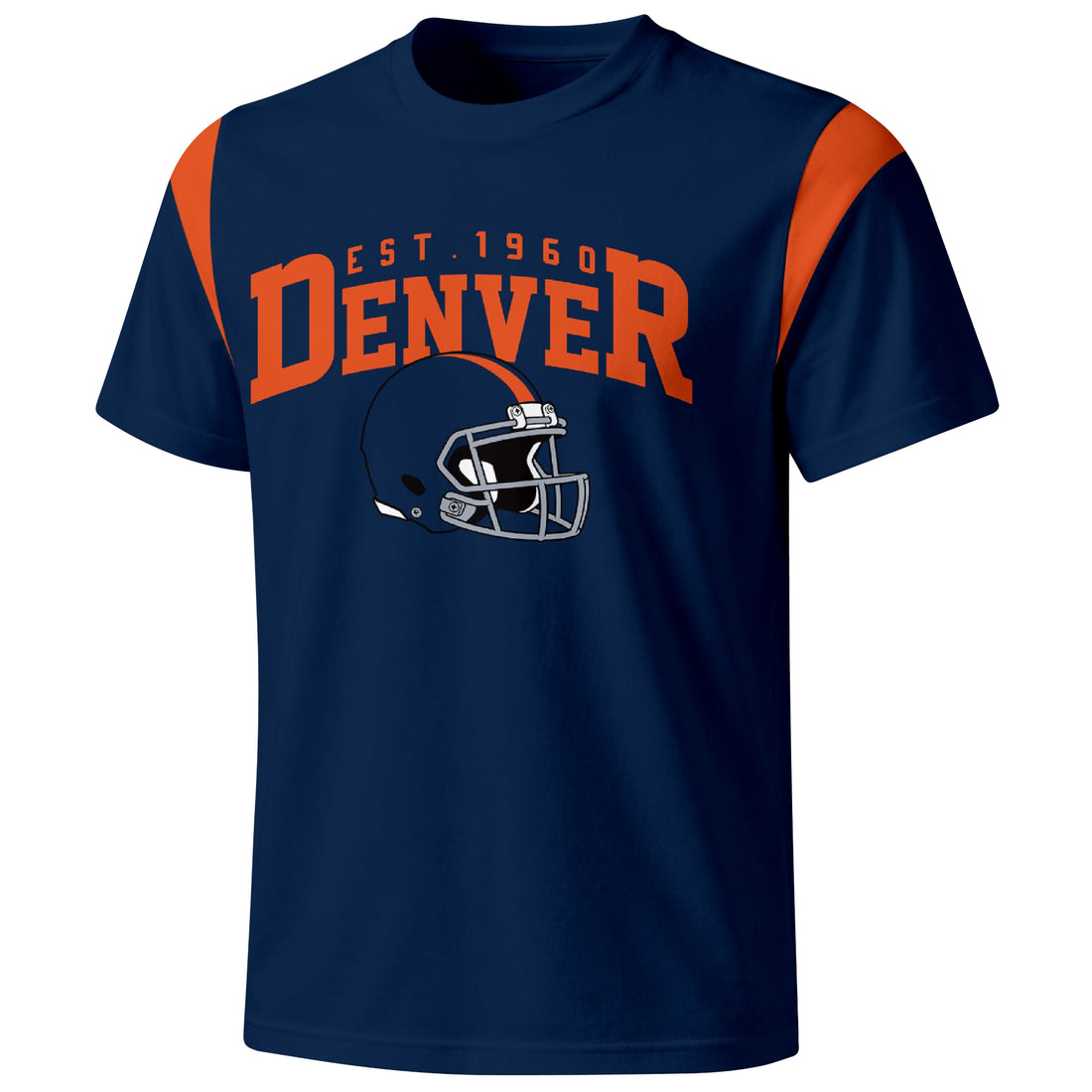 Denver personalized varsity football T shirt in Navy showing front helmet design and back custom name and number
