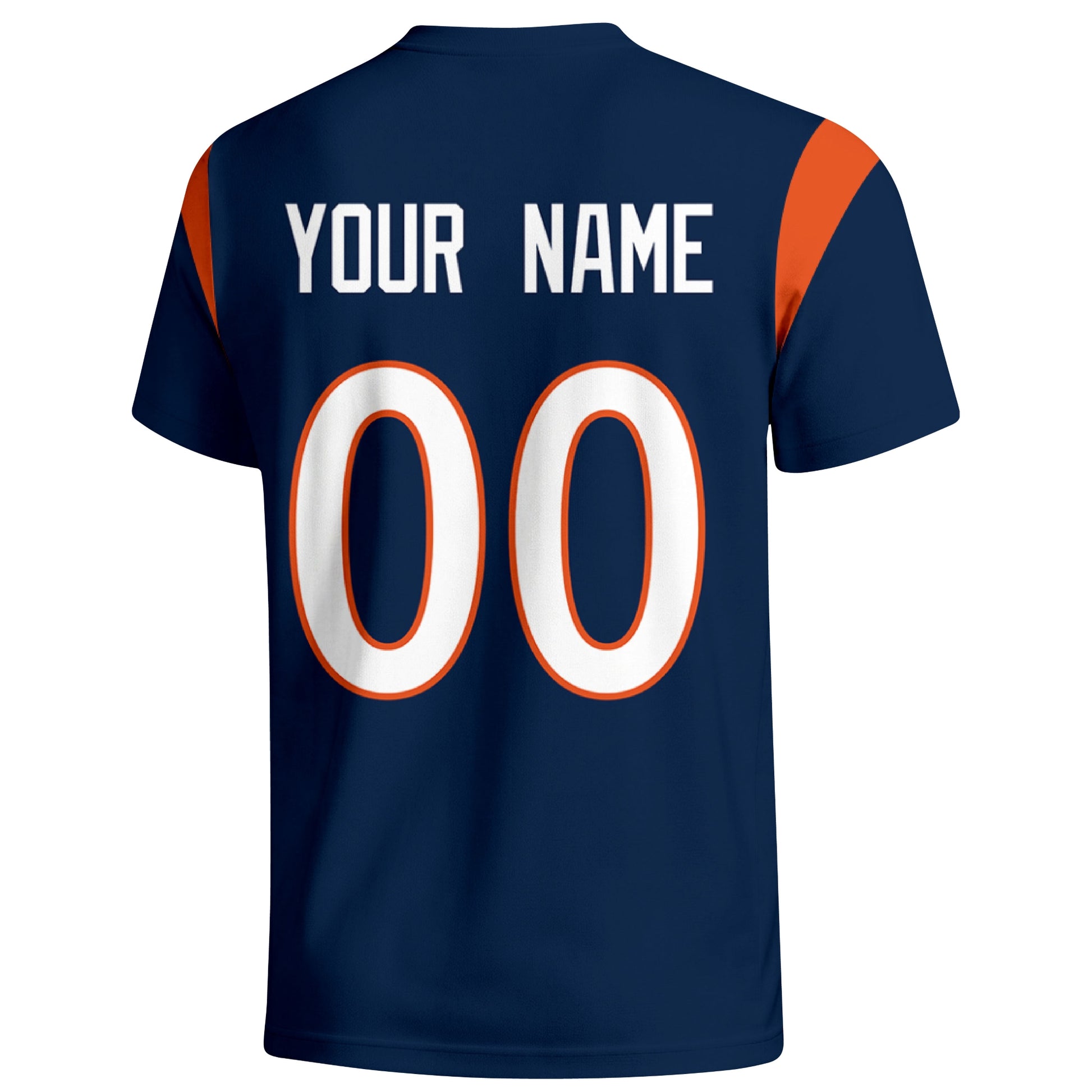 Denver personalized varsity football T shirt in Navy showing the back custom name and number
