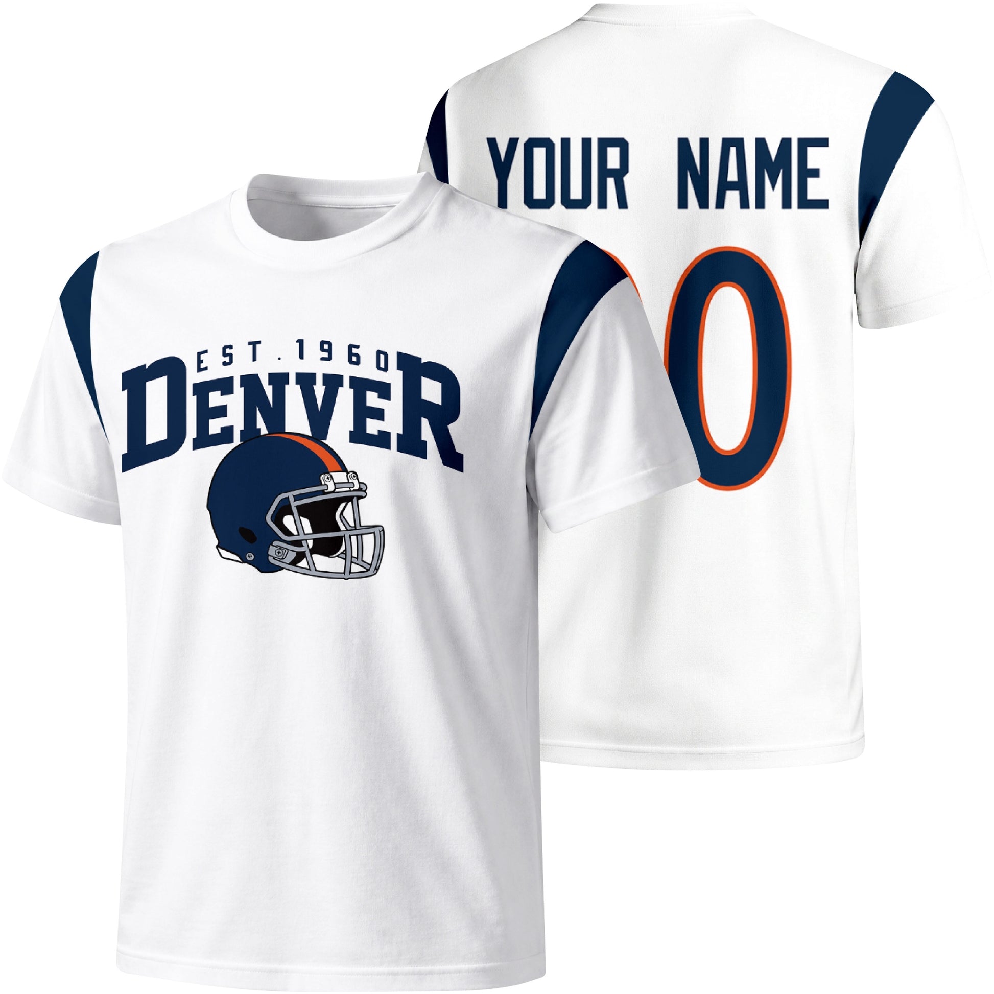 Denver personalized varsity football T shirt in White showing front helmet design and back custom name and number
