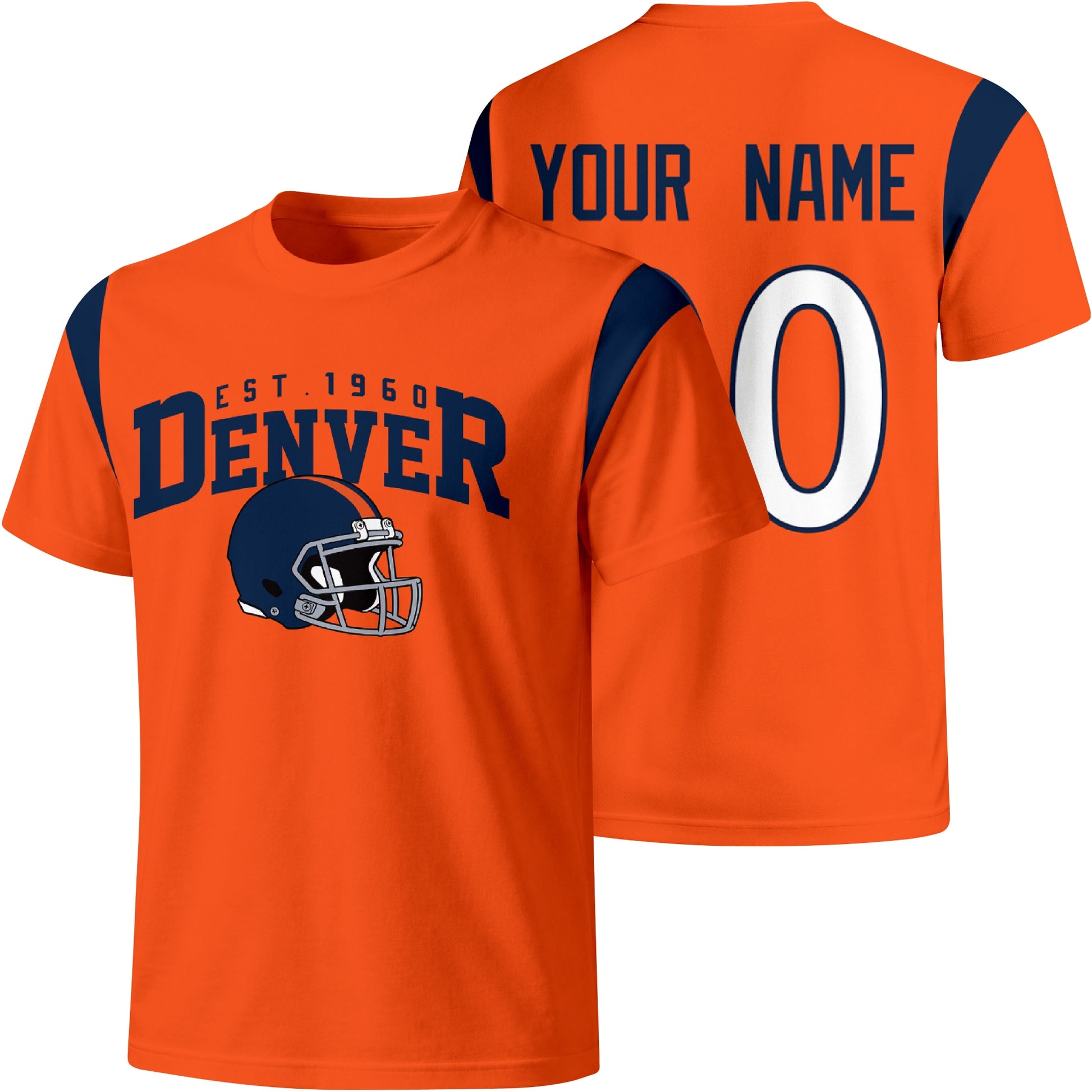 Denver personalized varsity football T shirt in Orange showing front helmet design and back custom name and number