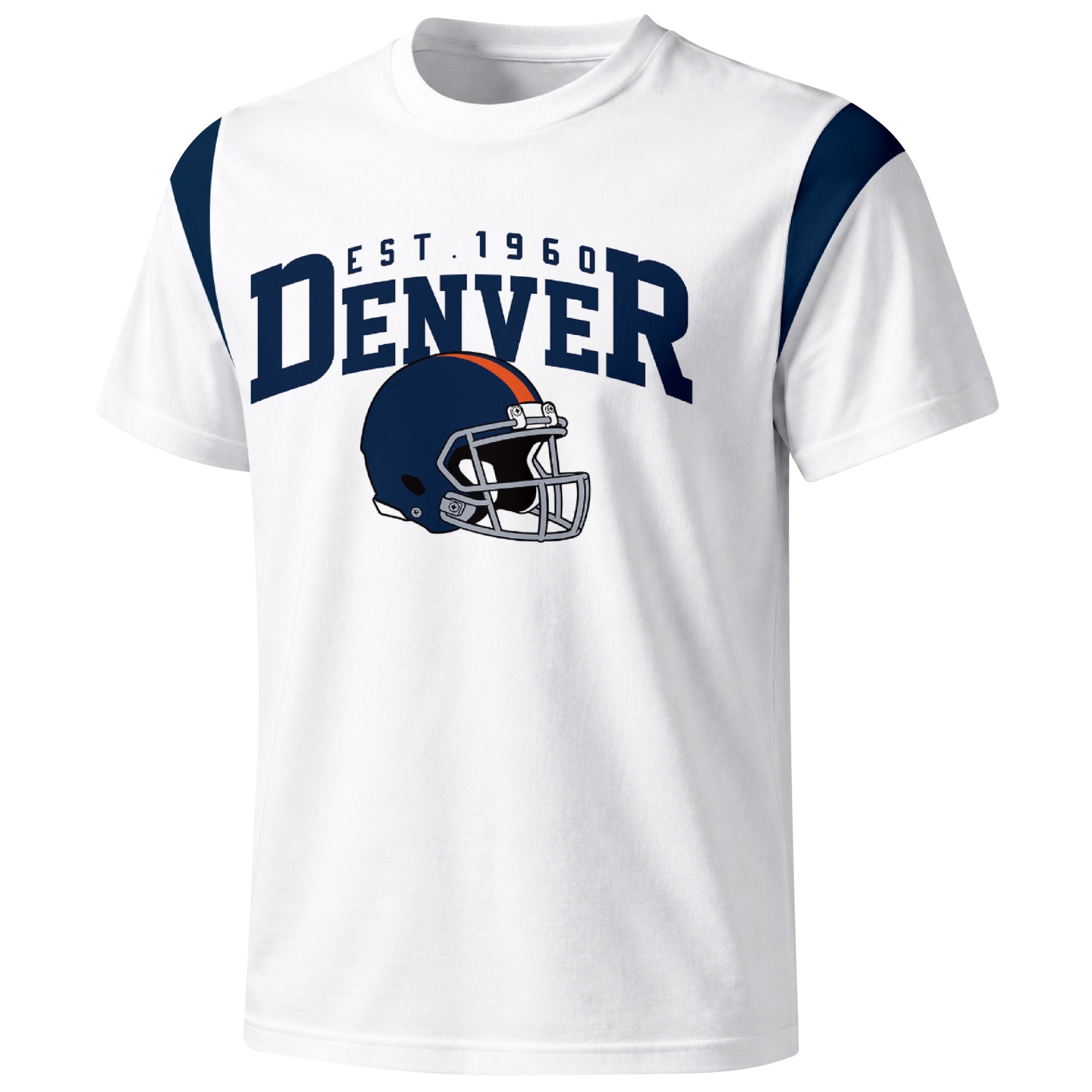 Denver varsity football T shirt in White showing the front city helmet design and contrast shoulder panels