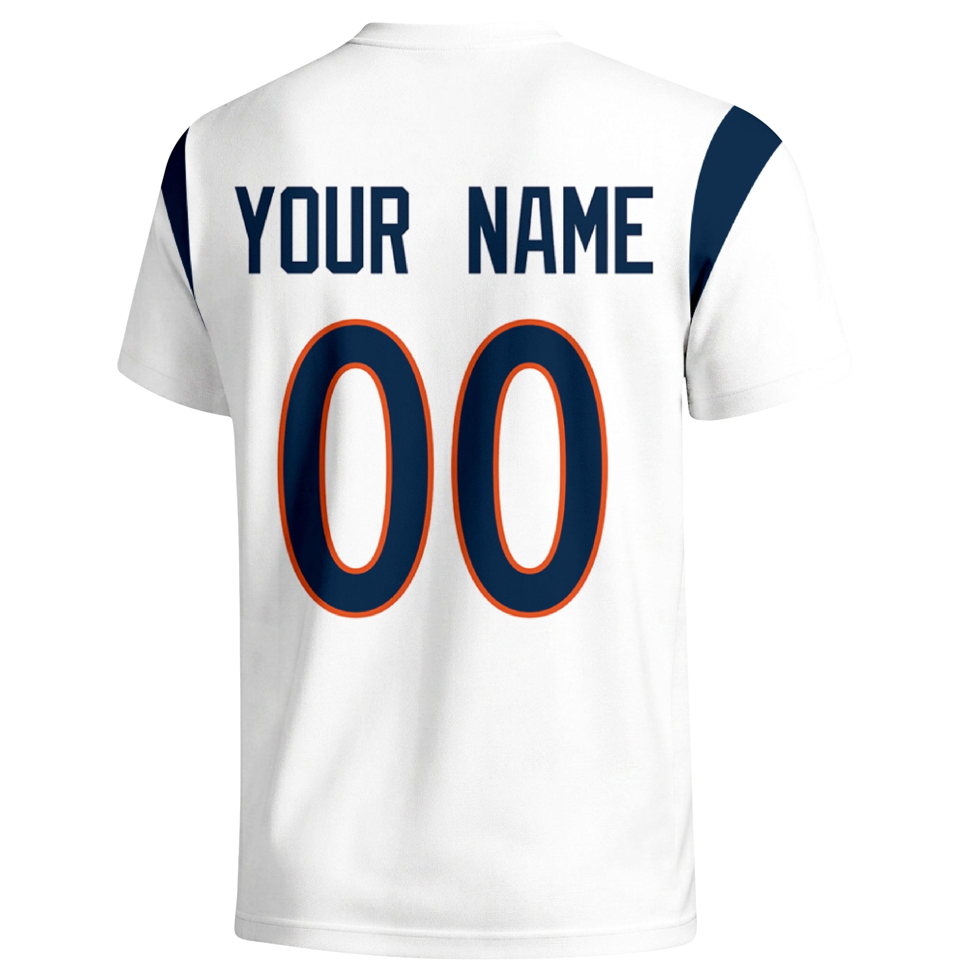 Denver personalized varsity football T shirt in White showing the back custom name and number