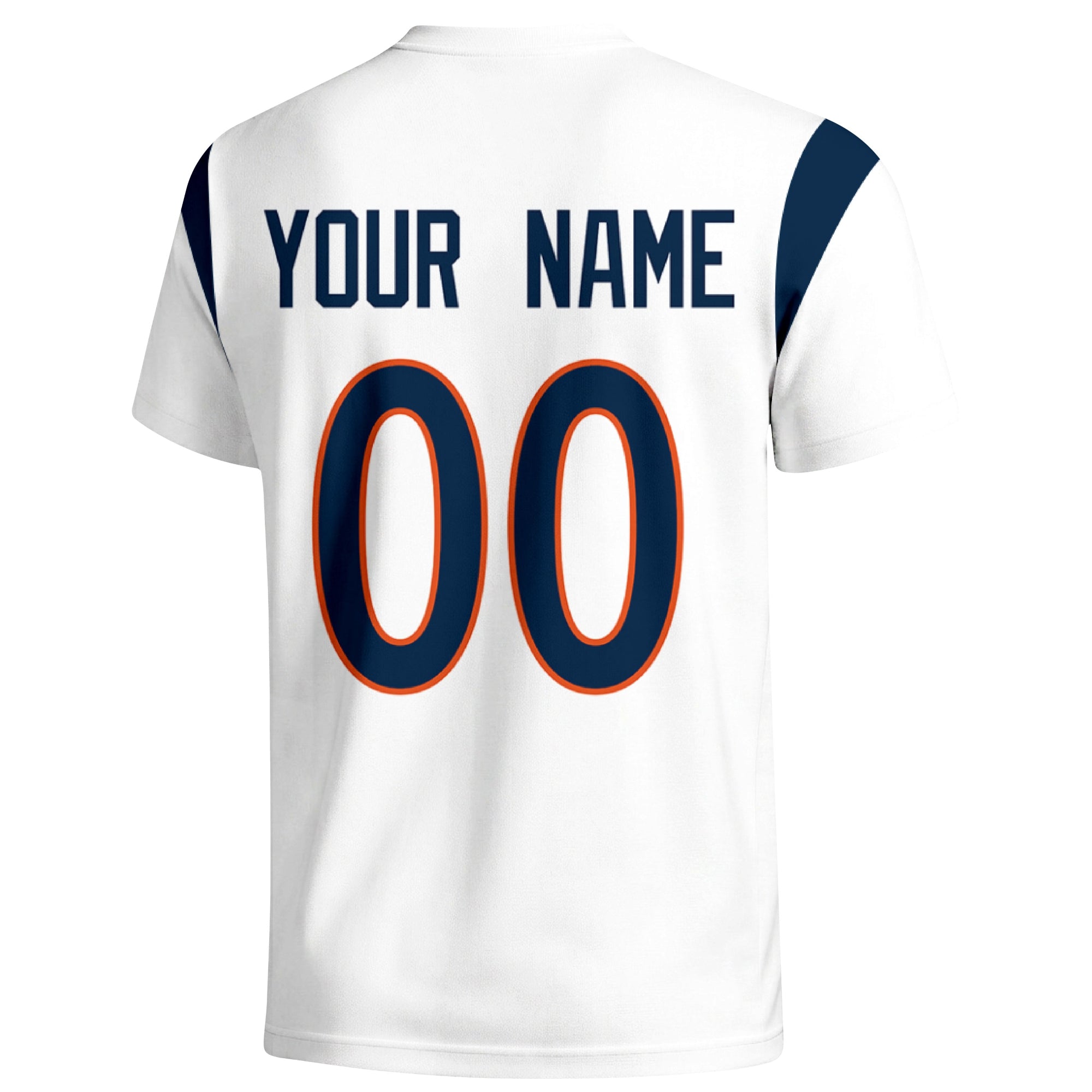 Denver personalized varsity football T shirt in White showing the back custom name and number