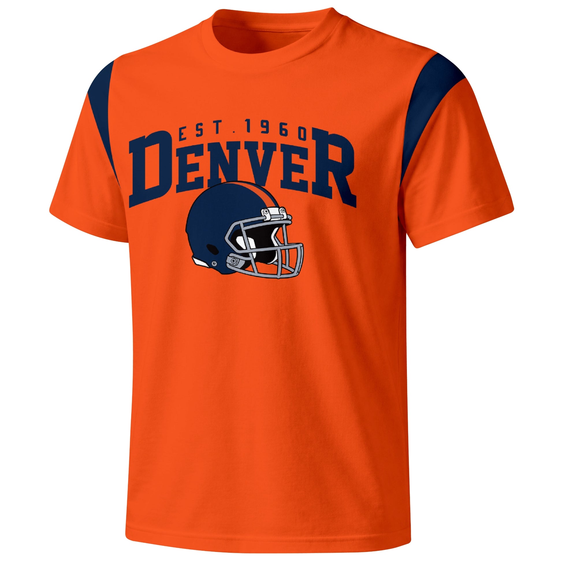 Denver varsity football T shirt in Orange showing the front city helmet design and contrast shoulder panels