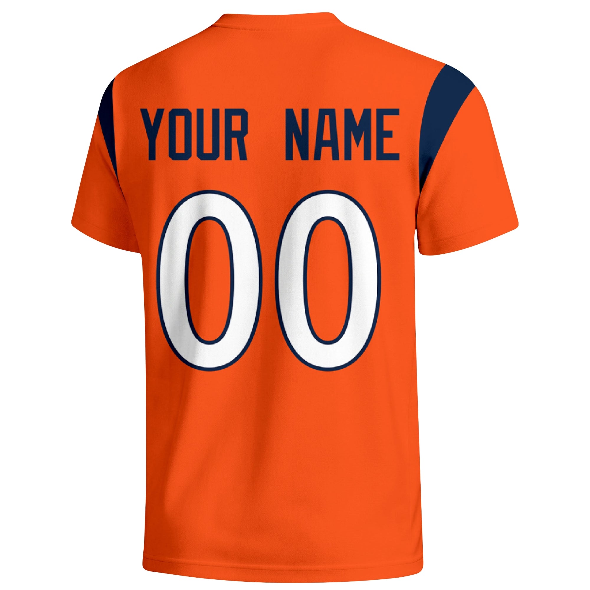 Denver personalized varsity football T shirt in Orange showing the back custom name and number