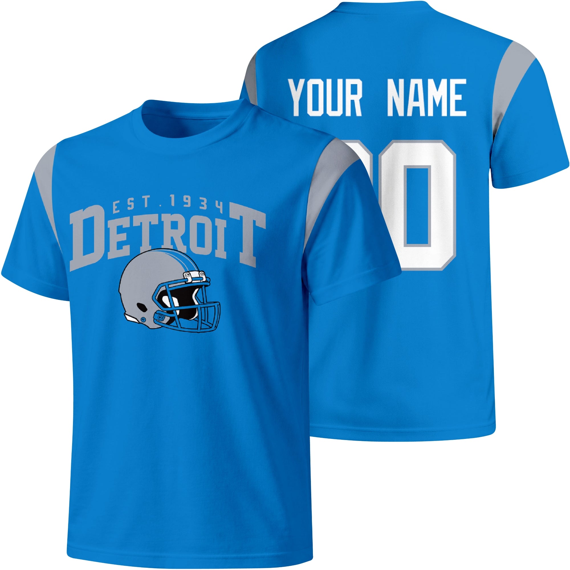 Detroit personalized varsity football T shirt in Blue showing front helmet design and back custom name and number
