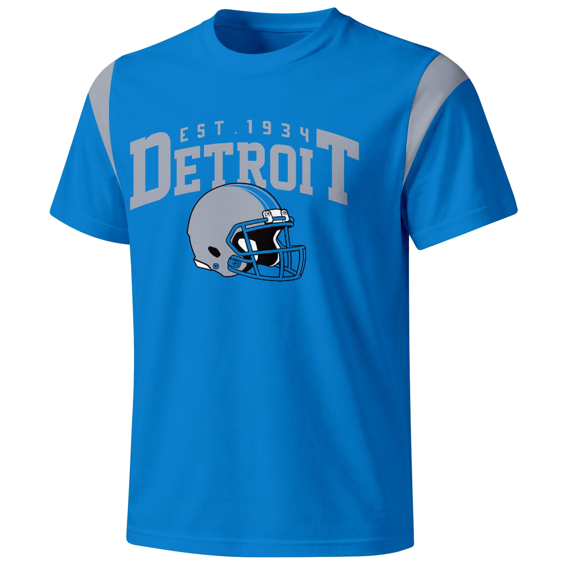 Detroit varsity football T shirt in Blue showing the front city helmet design and contrast shoulder panels