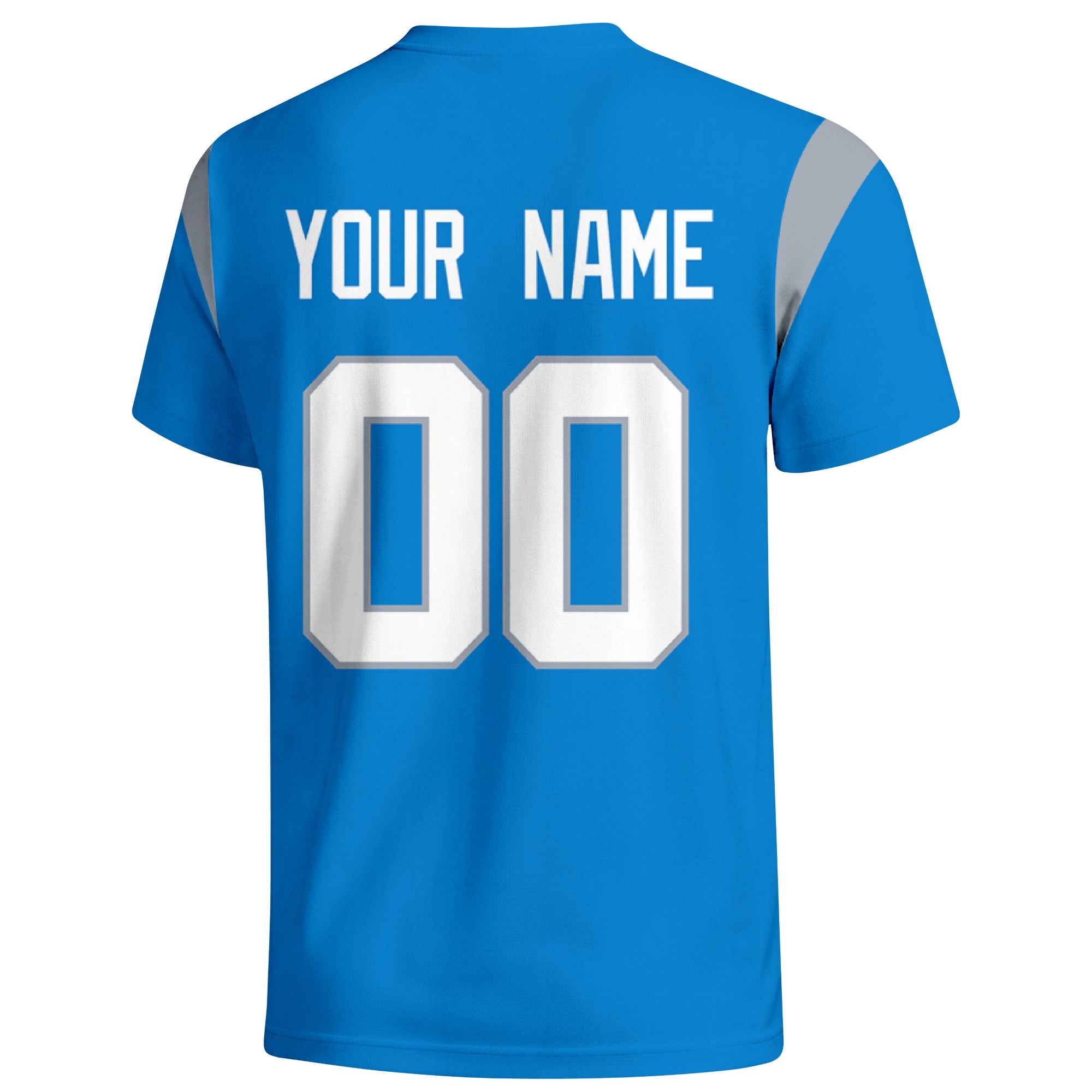 Detroit personalized varsity football T shirt in Blue showing the back custom name and number