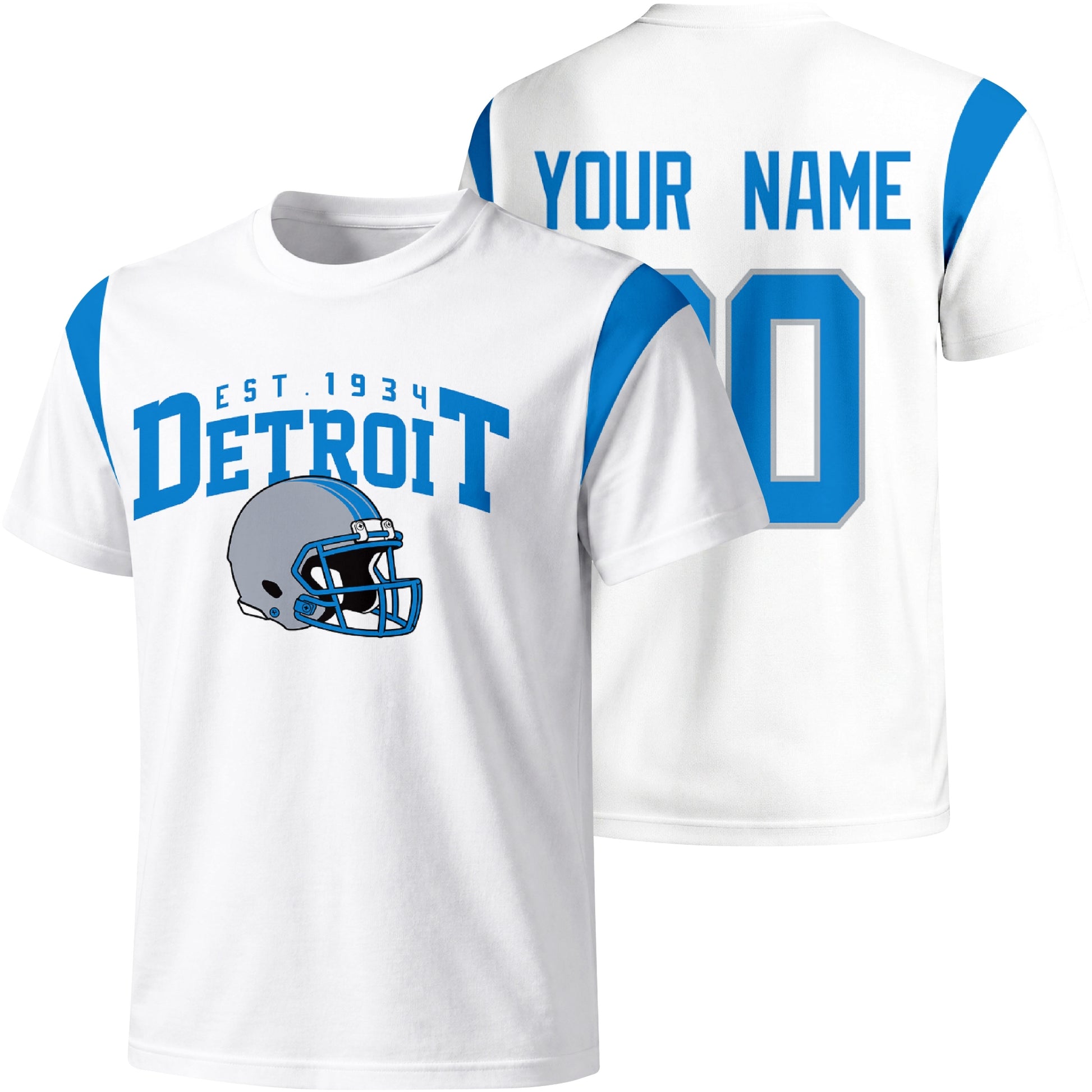 Detroit personalized varsity football T shirt in White showing front helmet design and back custom name and number