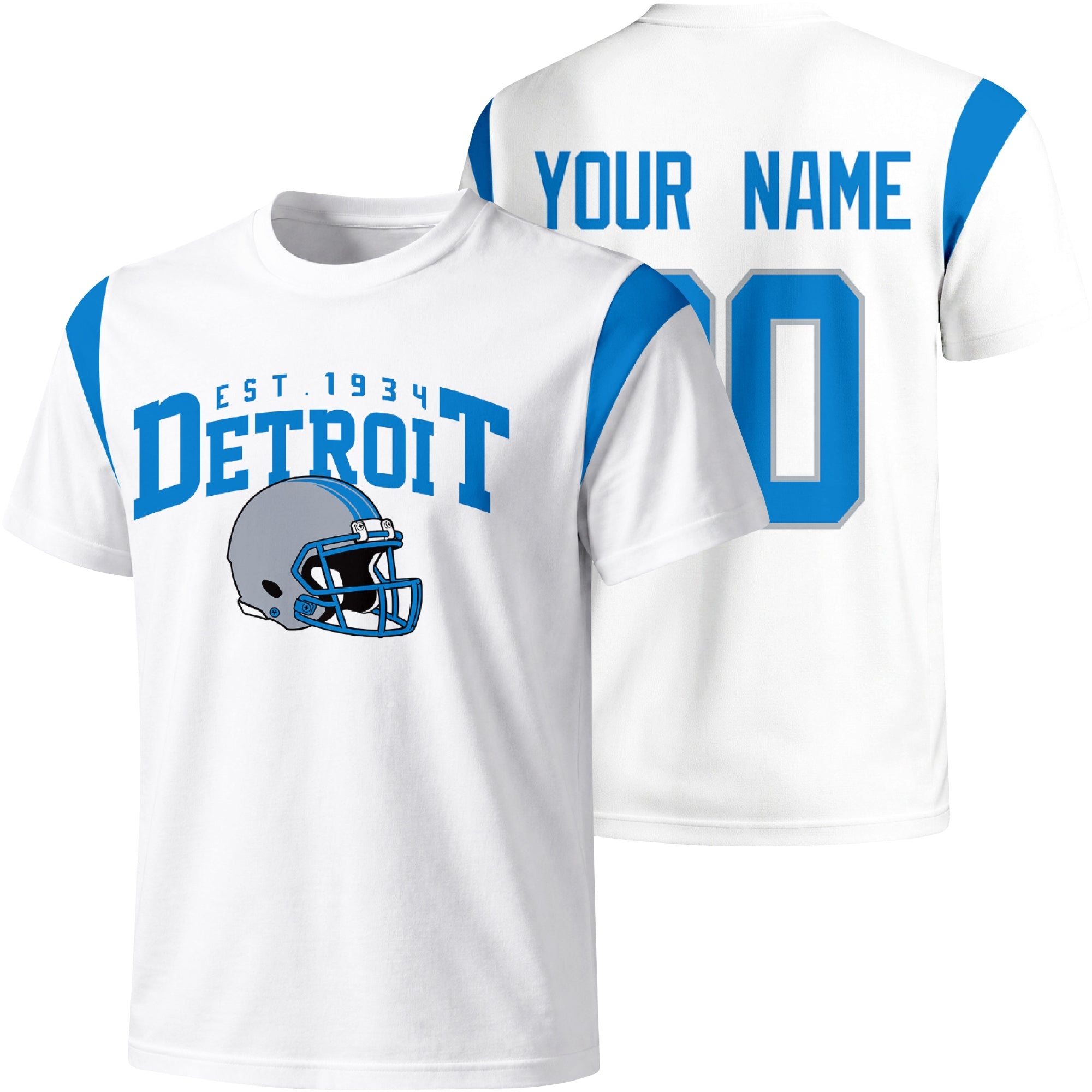 Detroit personalized varsity football T shirt in White showing front helmet design and back custom name and number