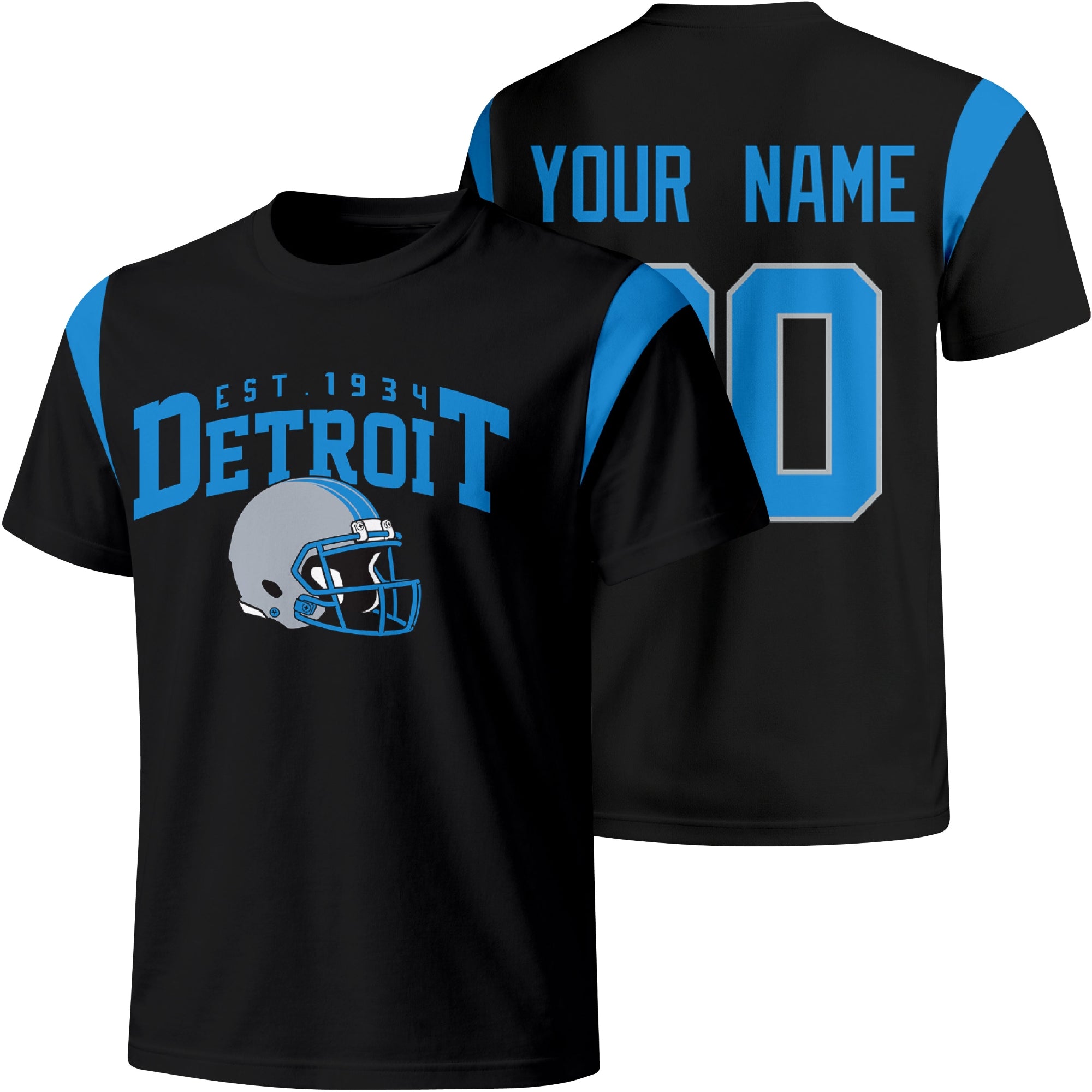 Detroit personalized varsity football T shirt in Black showing front helmet design and back custom name and number