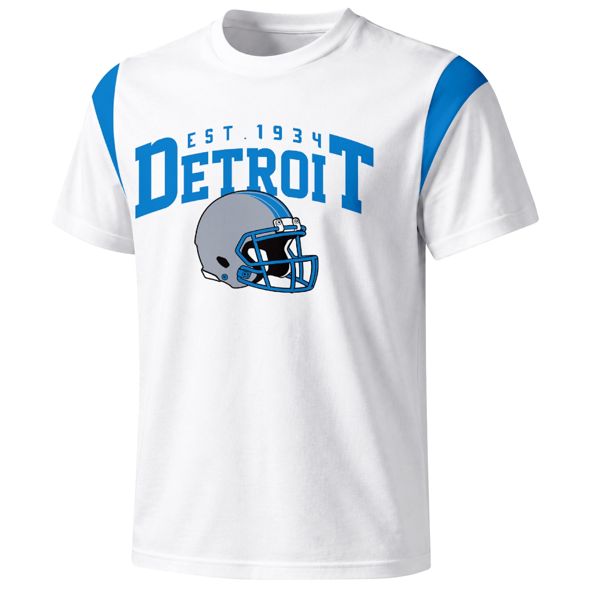 Detroit varsity football T shirt in White showing the front city helmet design and contrast shoulder panels