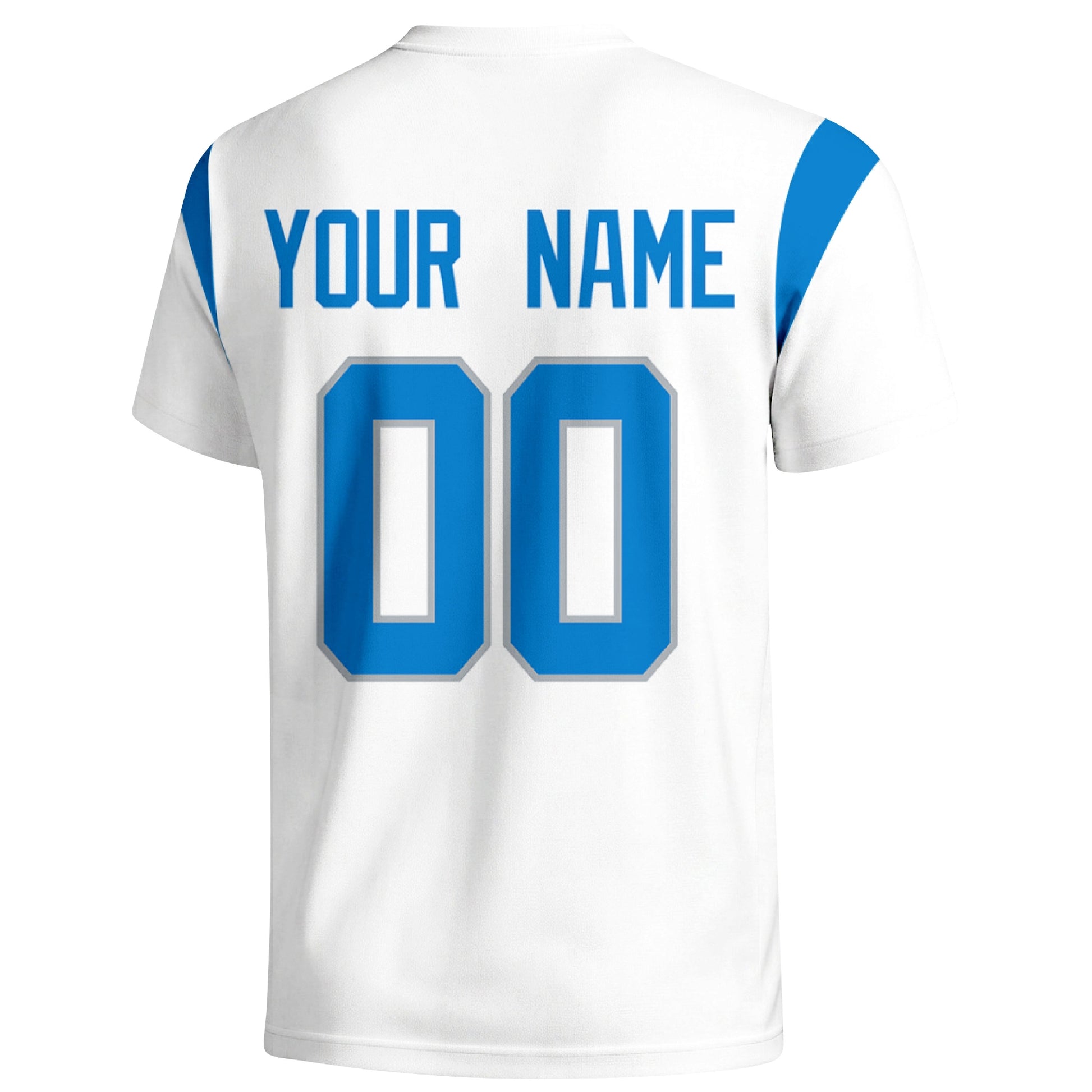 Detroit personalized varsity football T shirt in White showing the back custom name and number