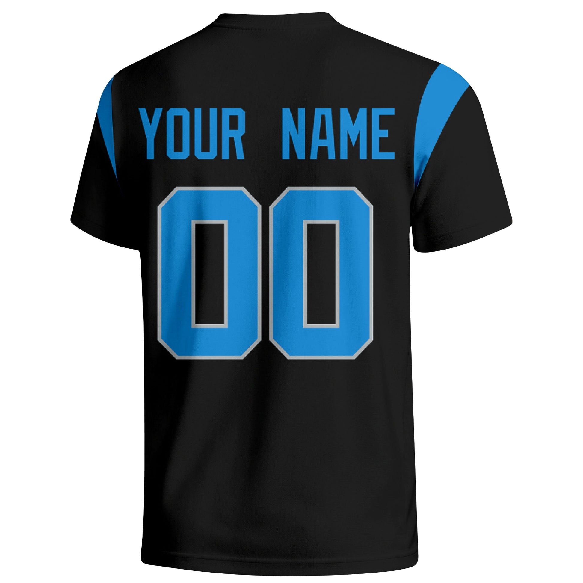 Detroit personalized varsity football T shirt in Black showing the back custom name and number