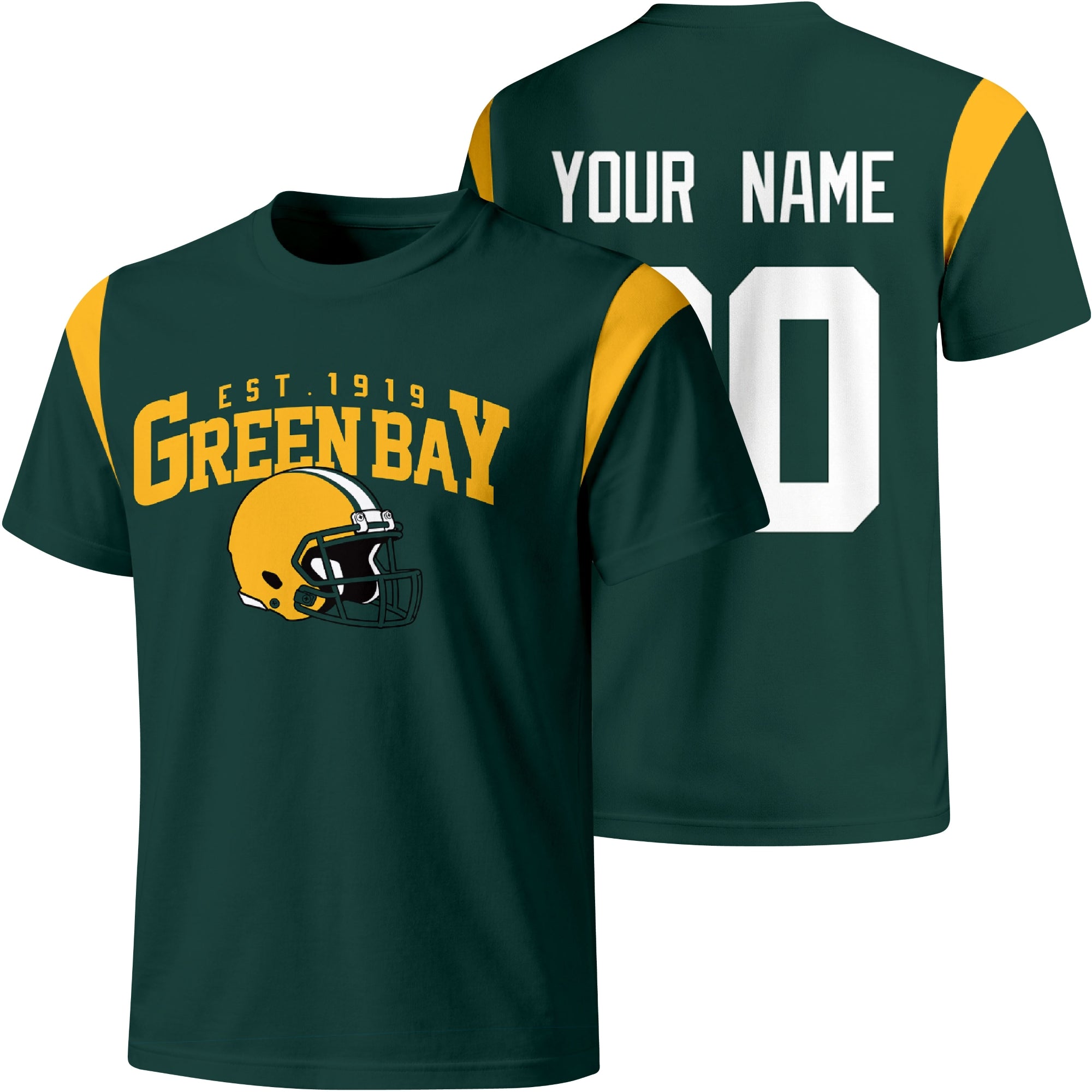 Green Bay personalized varsity football T shirt in Green showing front helmet design and back custom name and number