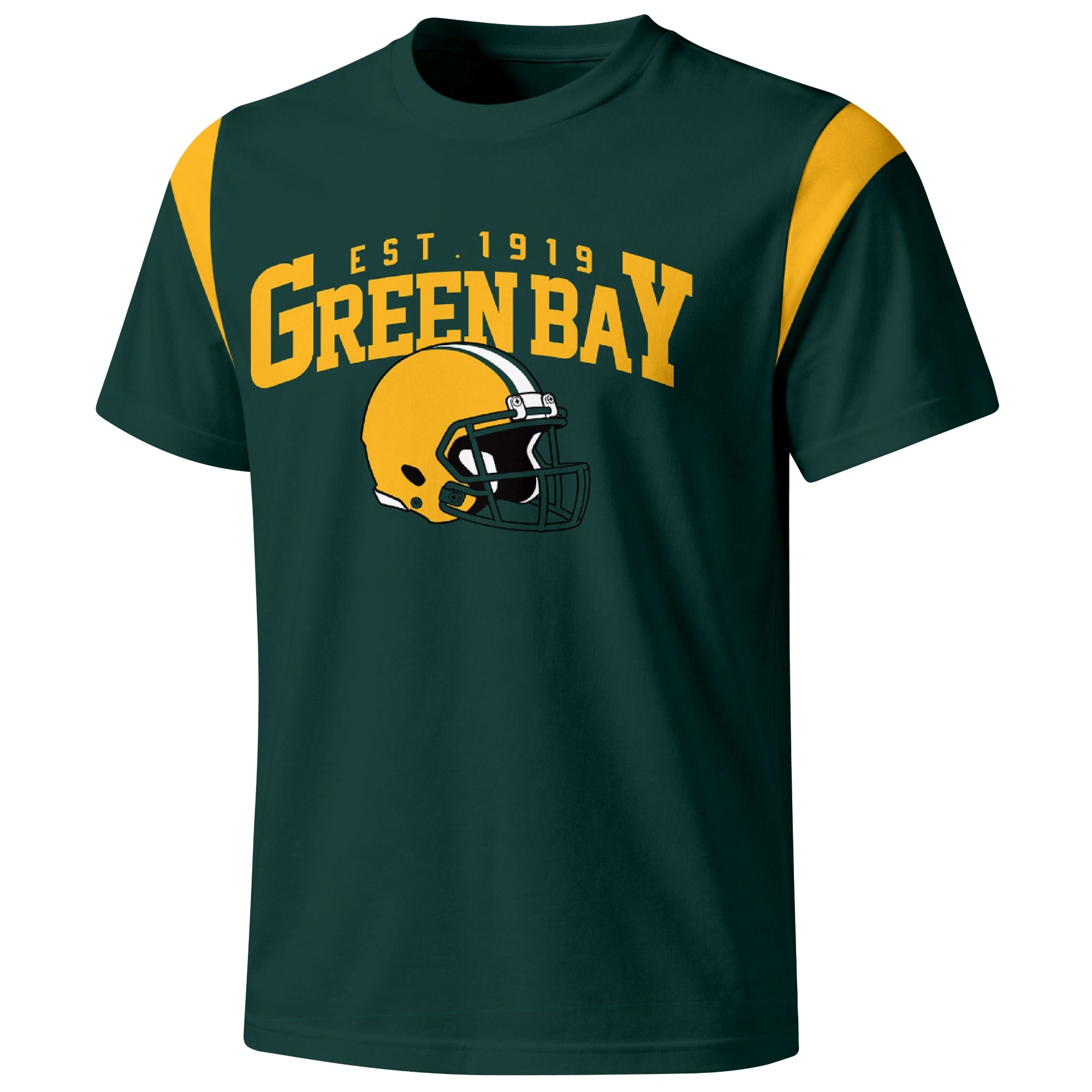 Green Bay varsity football T shirt in Green showing the front city helmet design and contrast shoulder panels