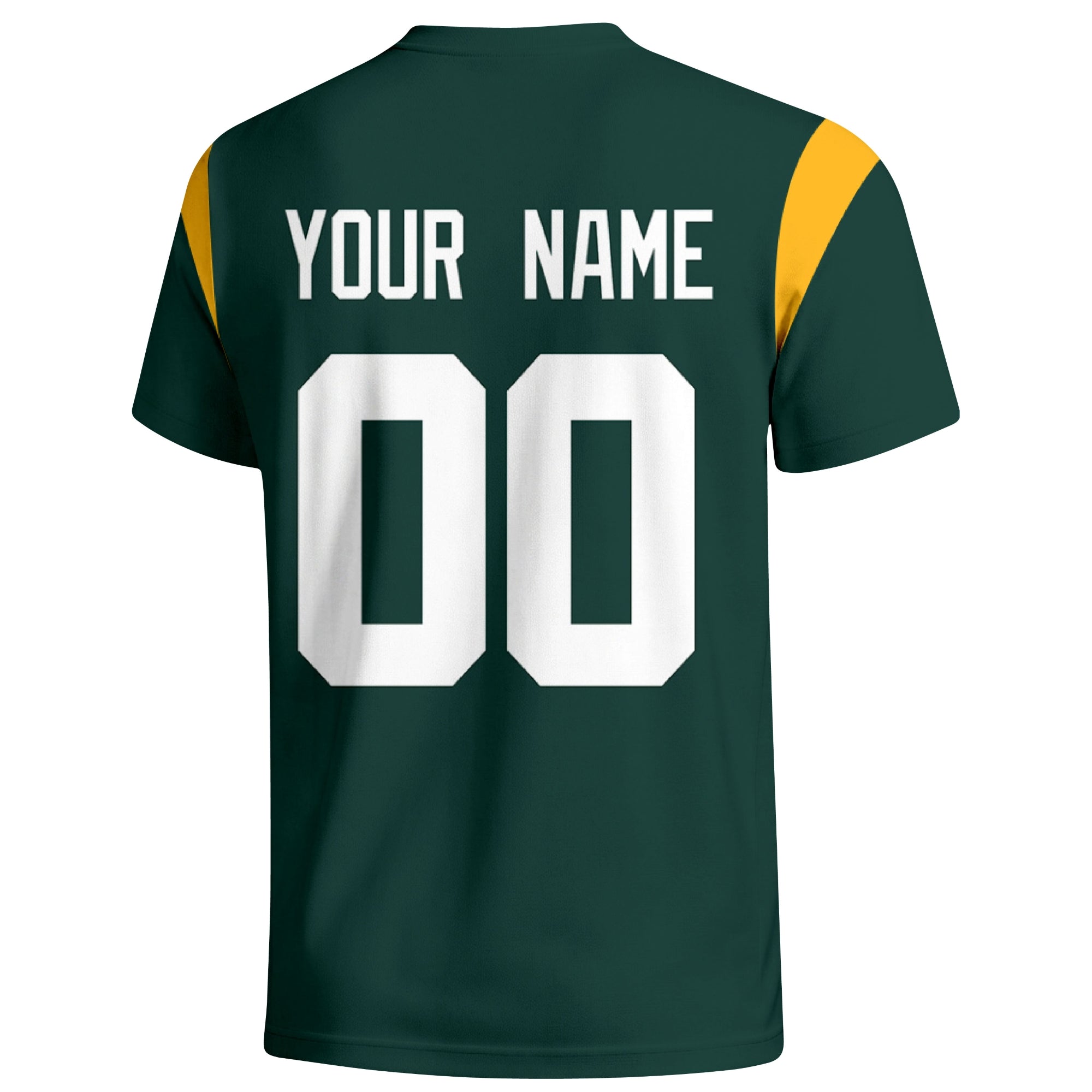 Green Bay personalized varsity football T shirt in Green showing the back custom name and number