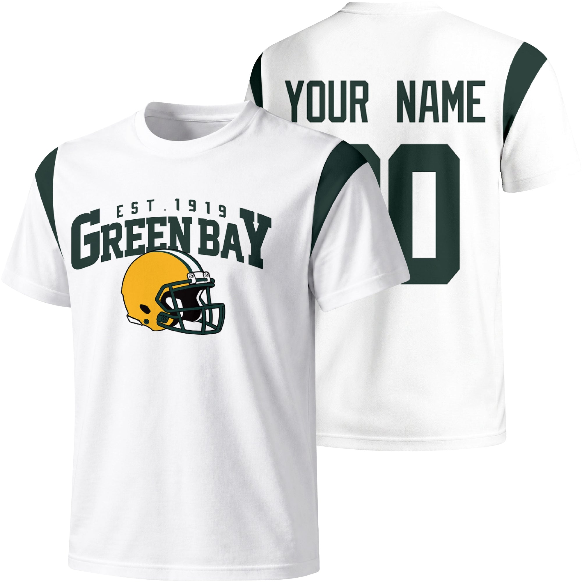 Green Bay personalized varsity football T shirt in White showing front helmet design and back custom name and number