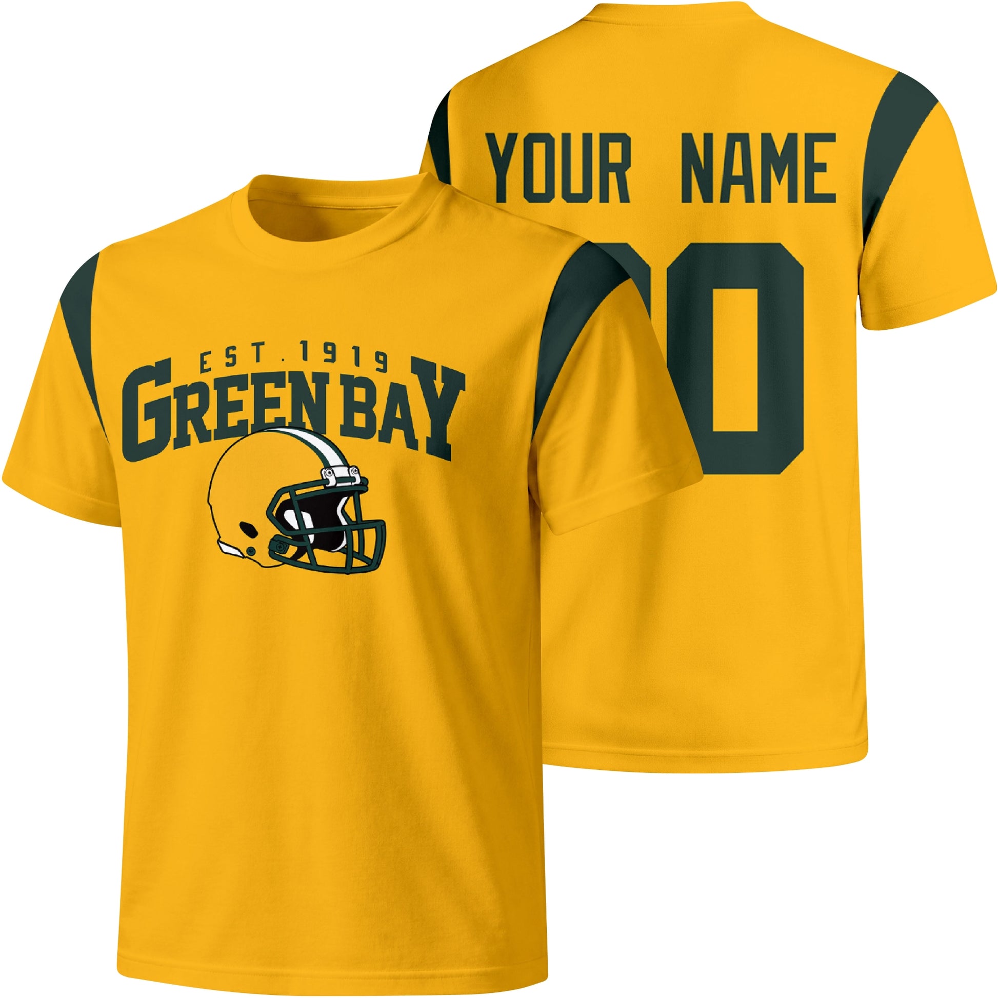 Green Bay personalized varsity football T shirt in Gold showing front helmet design and back custom name and number