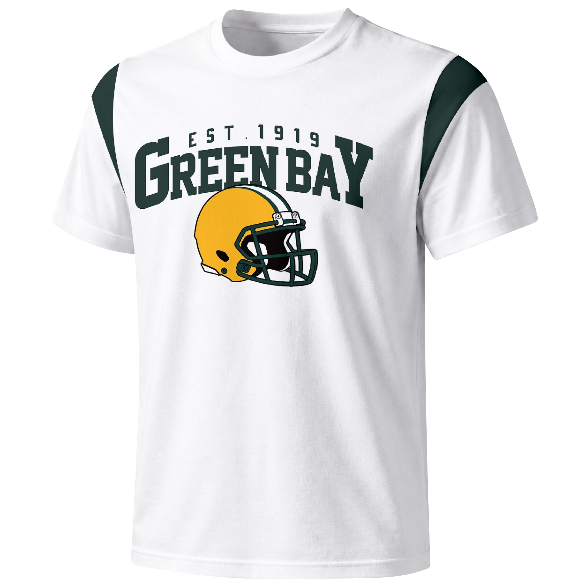 Green Bay varsity football T shirt in White showing the front city helmet design and contrast shoulder panels