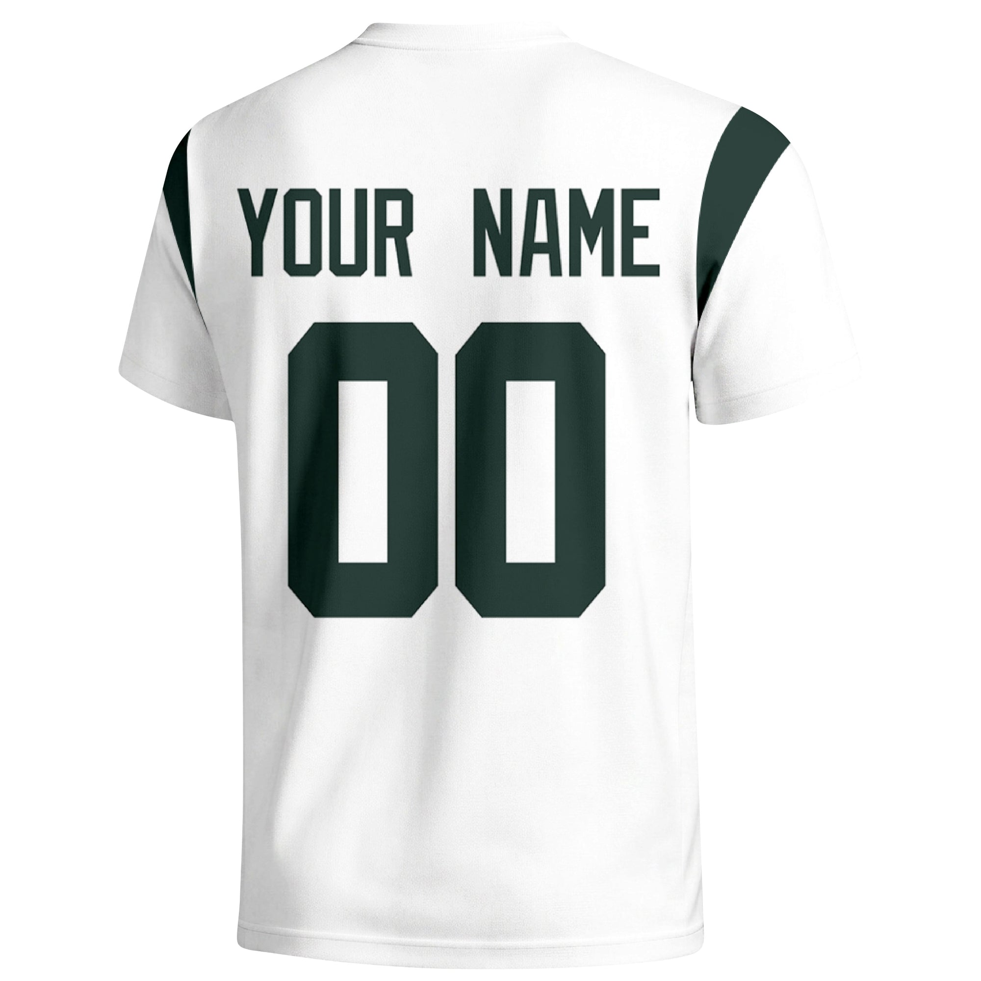 Green Bay personalized varsity football T shirt in White showing the back custom name and number