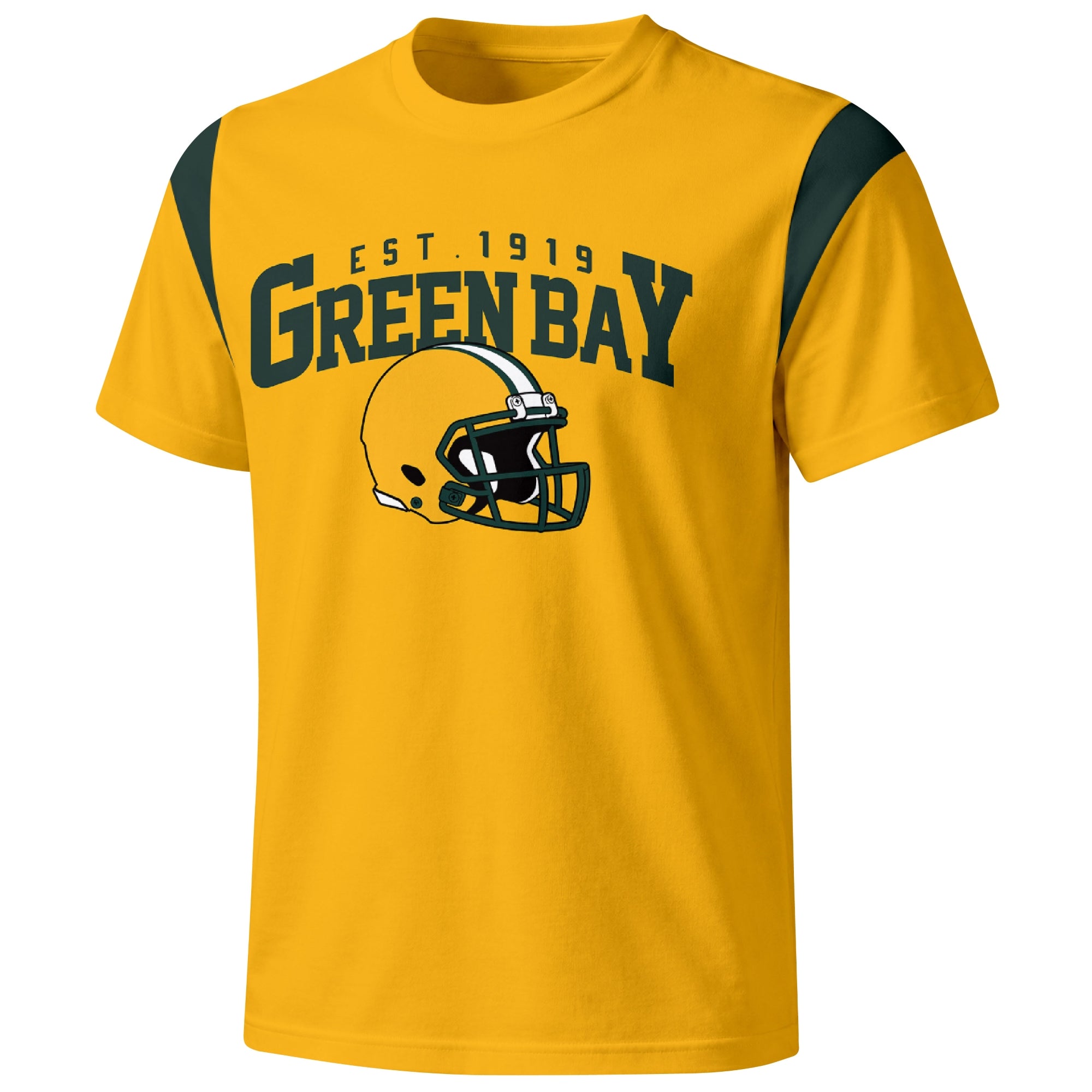 Green Bay varsity football T shirt in Gold showing the front city helmet design and contrast shoulder panels