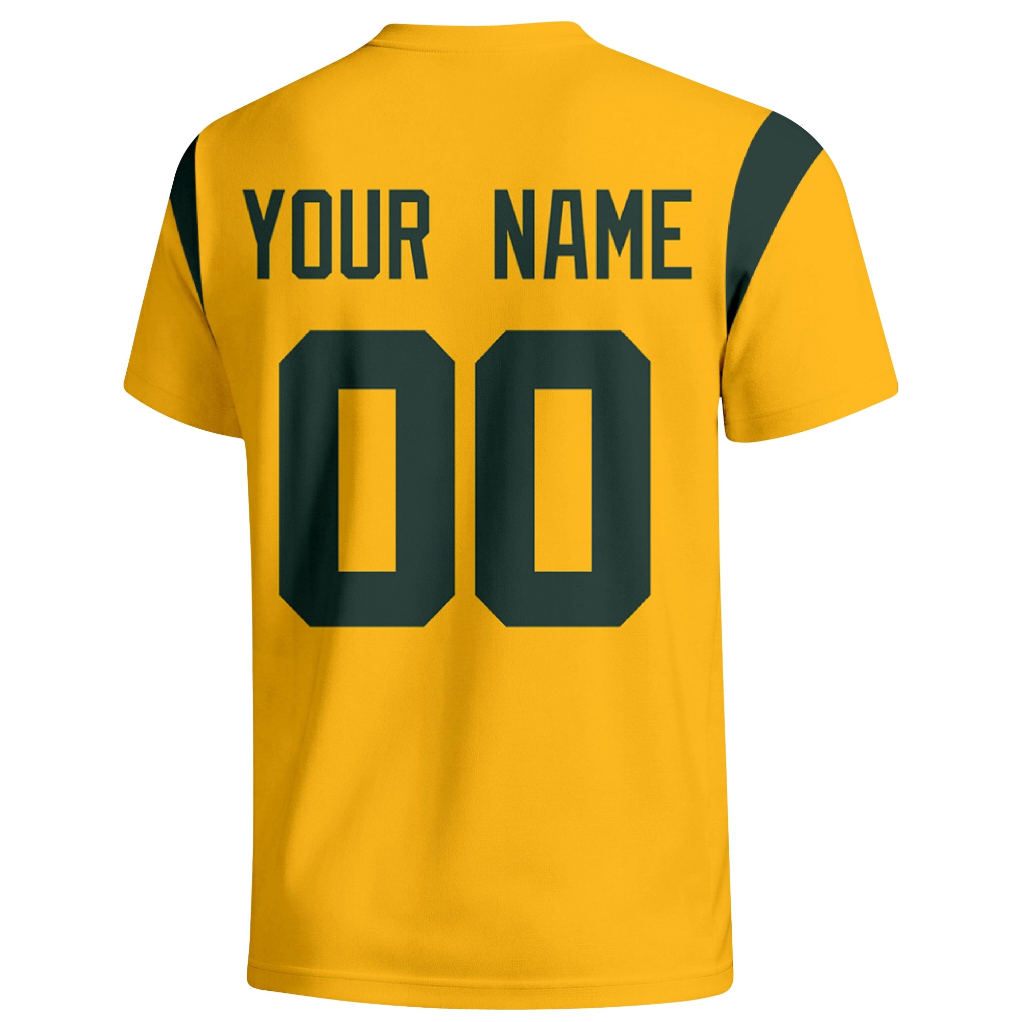 Green Bay personalized varsity football T shirt in Gold showing the back custom name and number