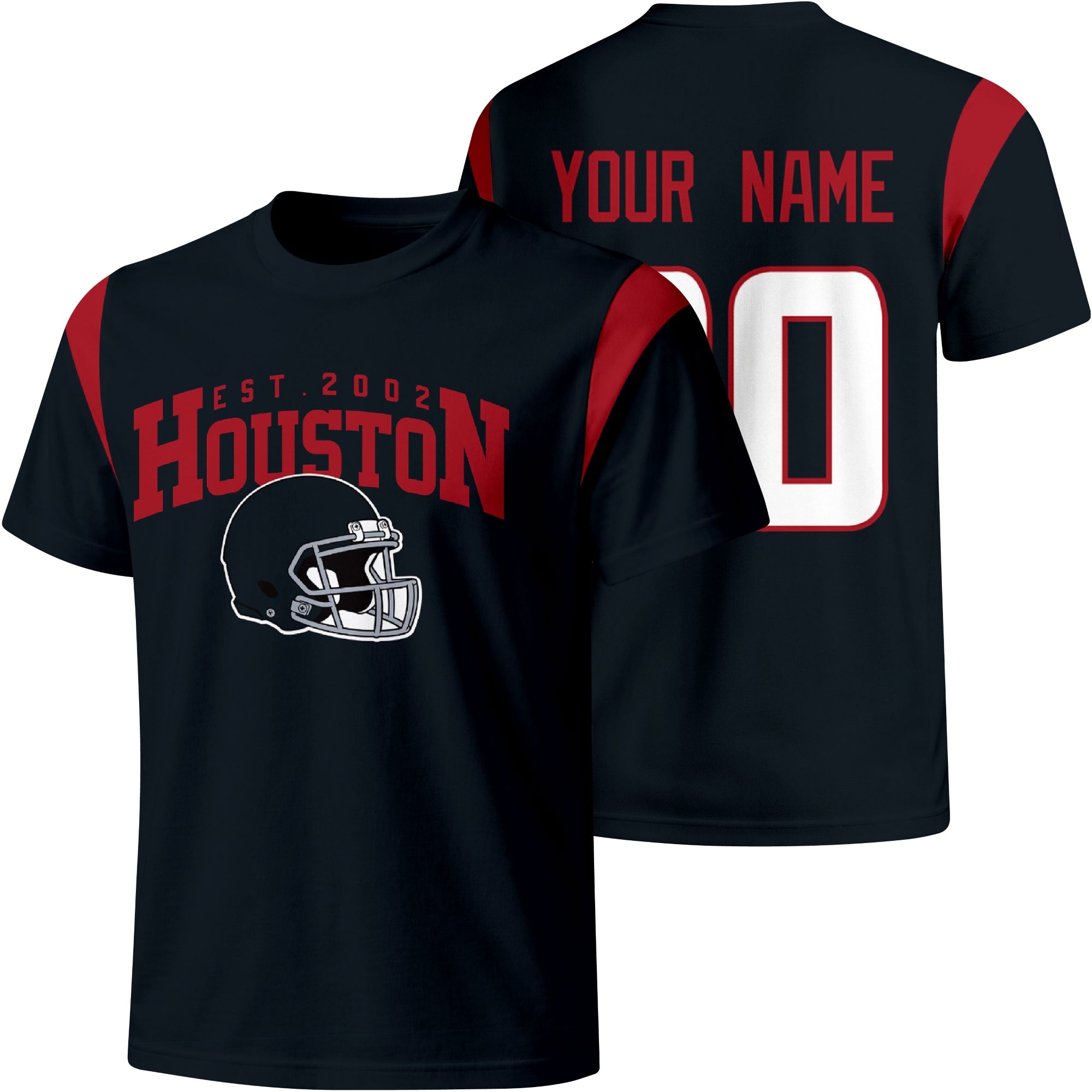 Houston personalized varsity football T shirt in Navy showing front helmet design and back custom name and number