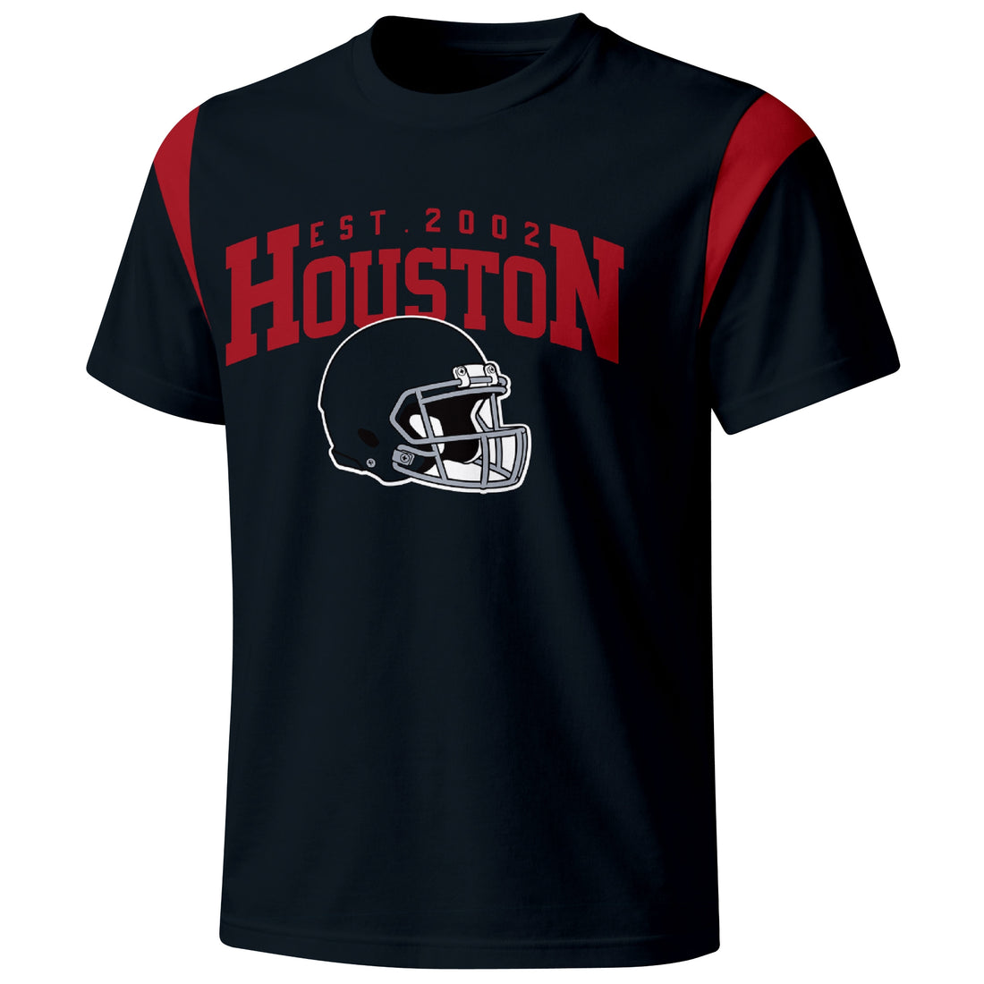 Houston personalized varsity football T shirt in Navy showing front helmet design and back custom name and number