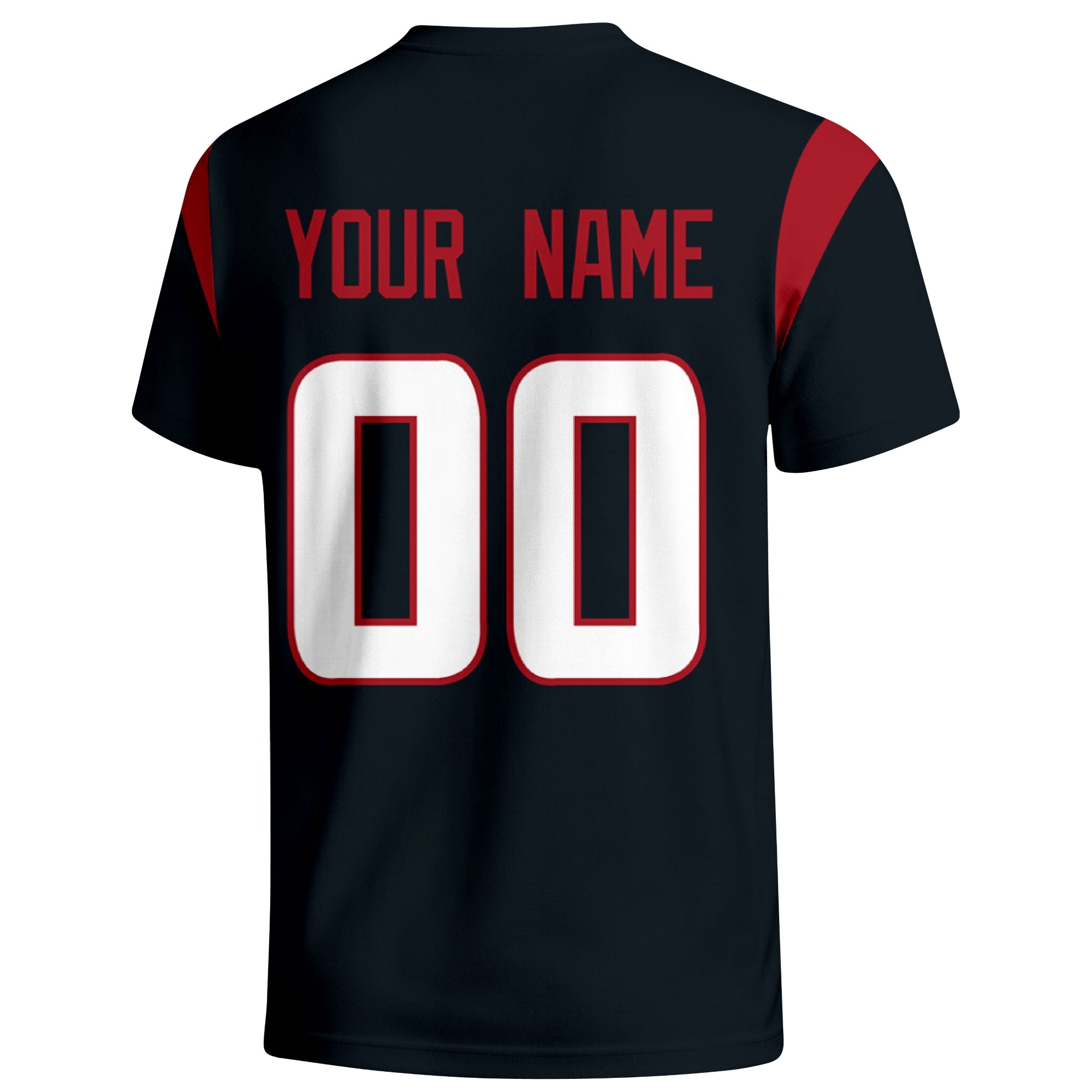 Houston personalized varsity football T shirt in Navy showing the back custom name and number