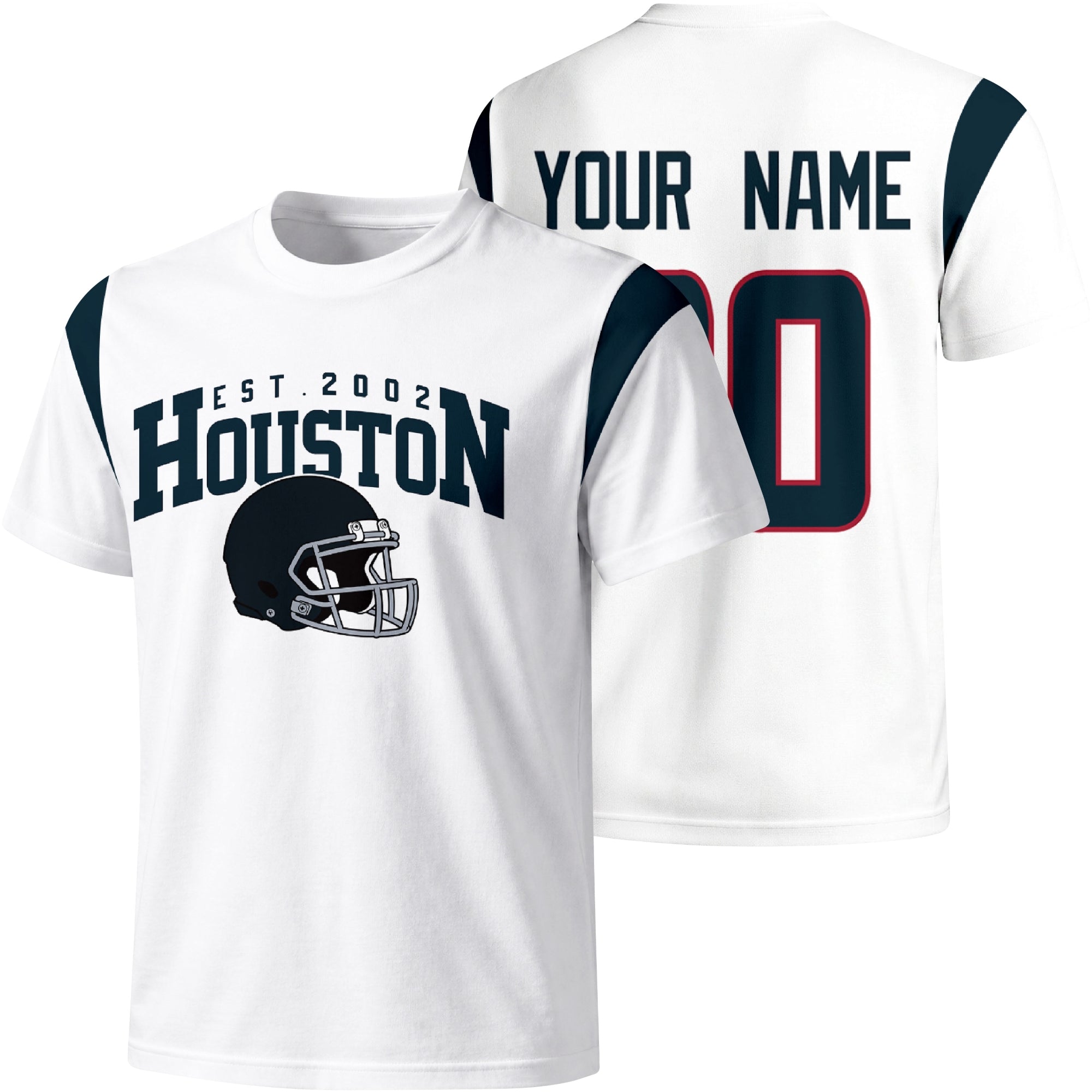 Houston personalized varsity football T shirt in White showing front helmet design and back custom name and number