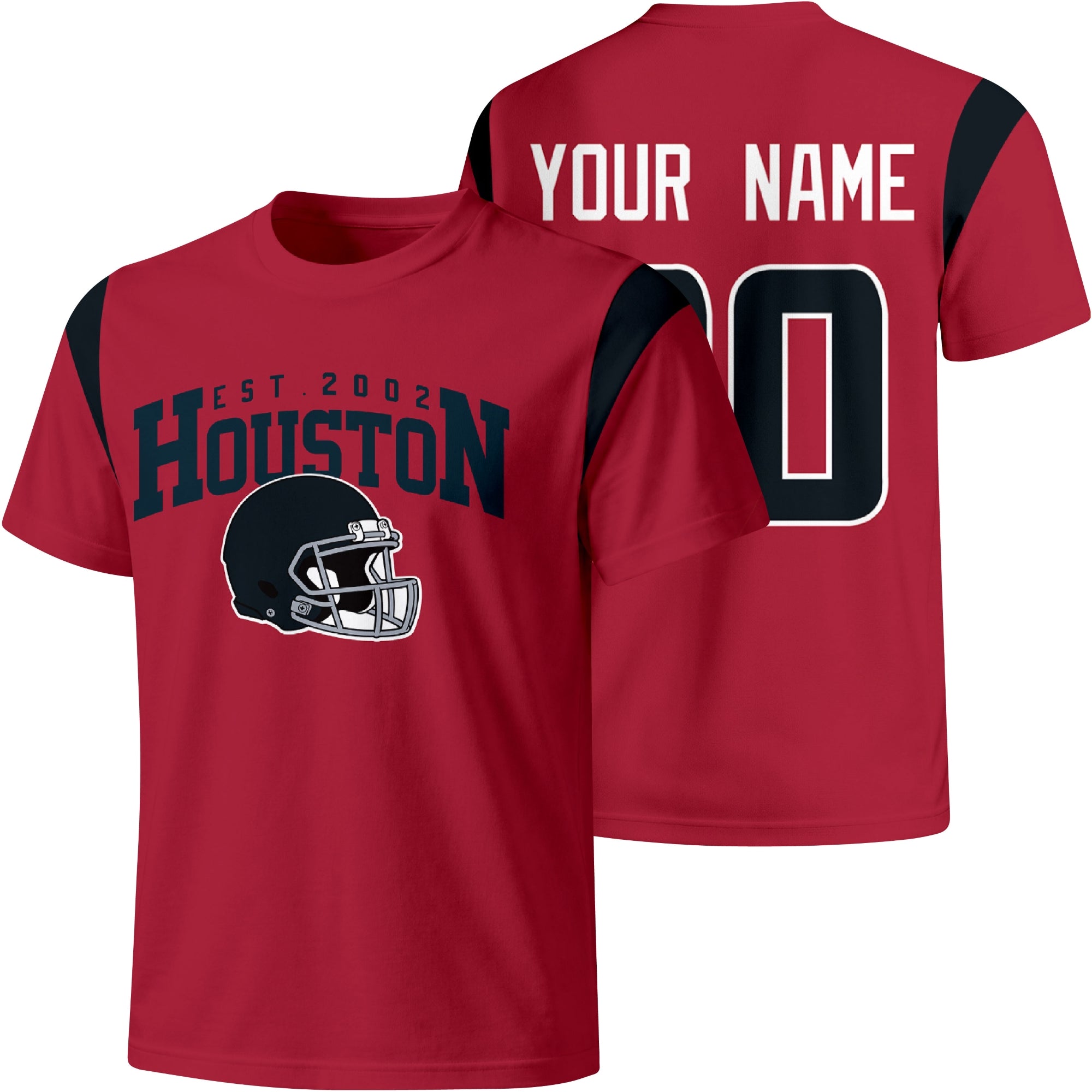 Houston personalized varsity football T shirt in Red showing front helmet design and back custom name and number