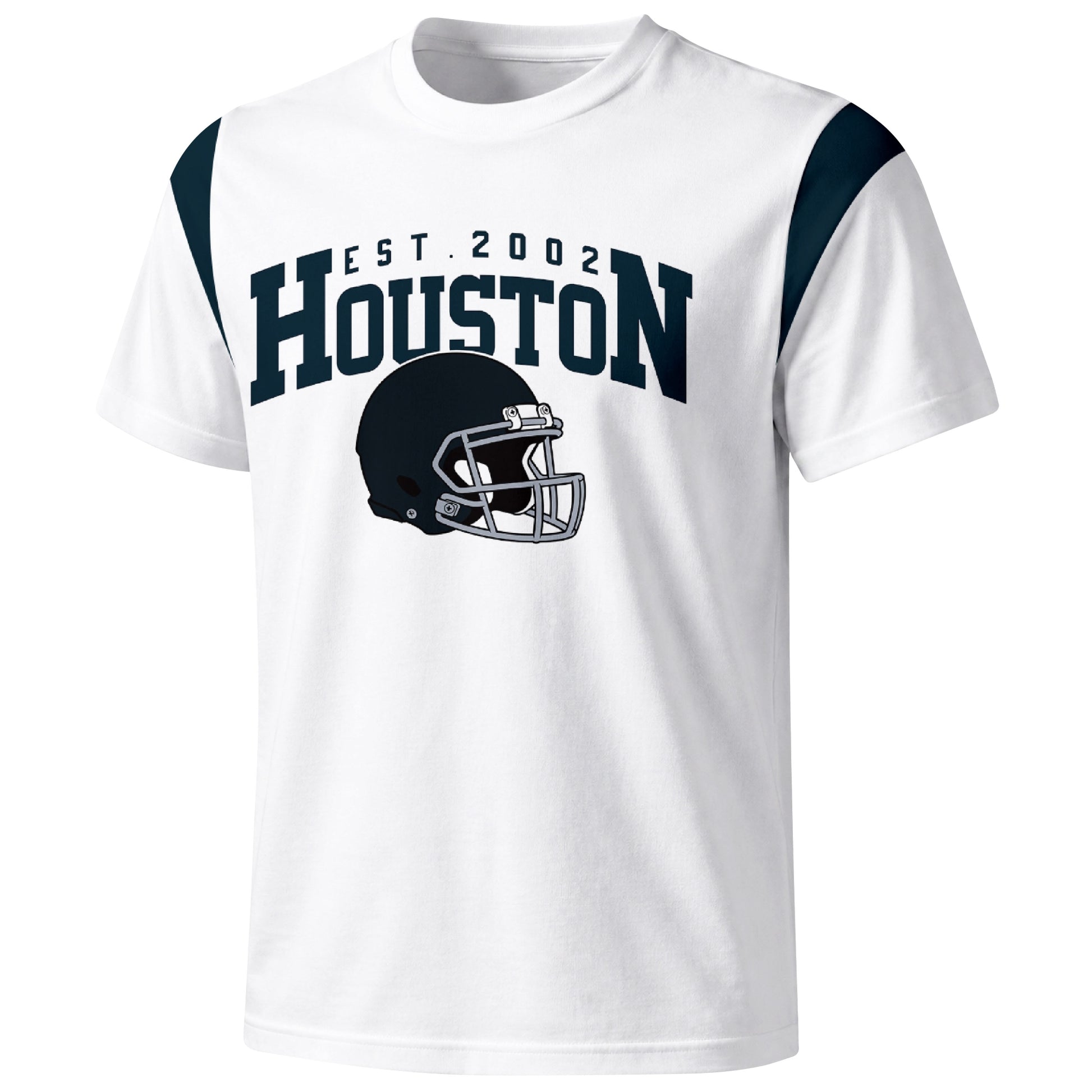 Houston varsity football T shirt in White showing the front city helmet design and contrast shoulder panels