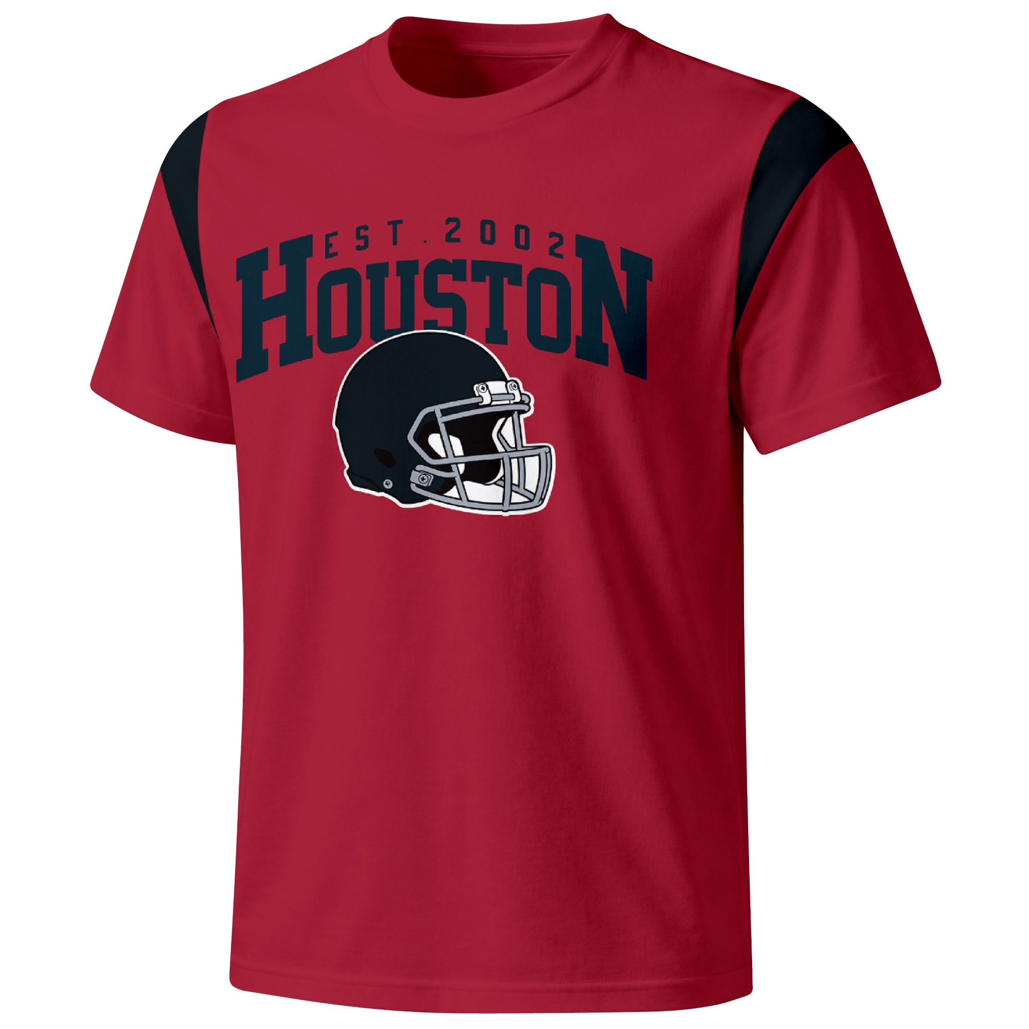 Houston varsity football T shirt in Red showing the front city helmet design and contrast shoulder panels