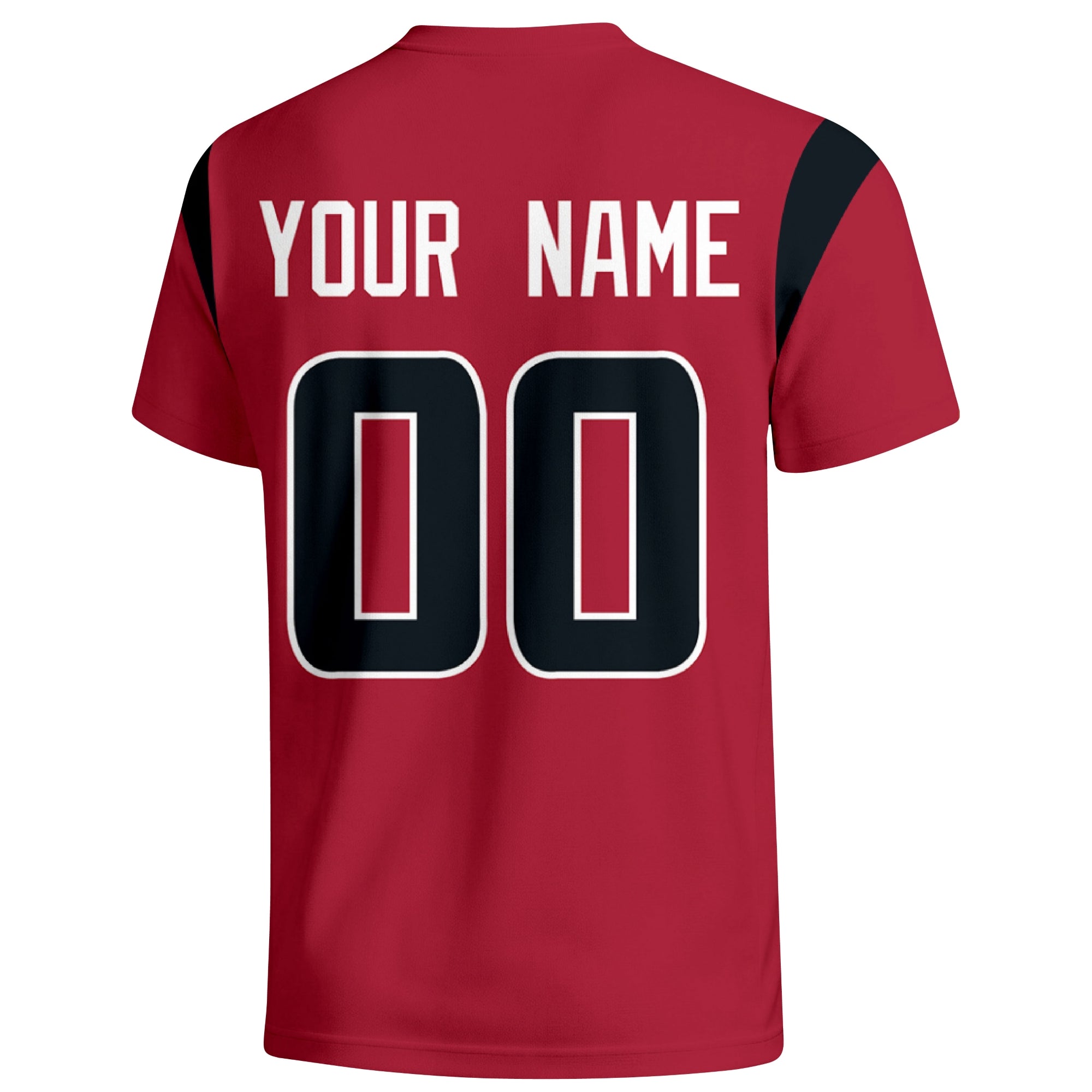 Houston personalized varsity football T shirt in Red showing the back custom name and number