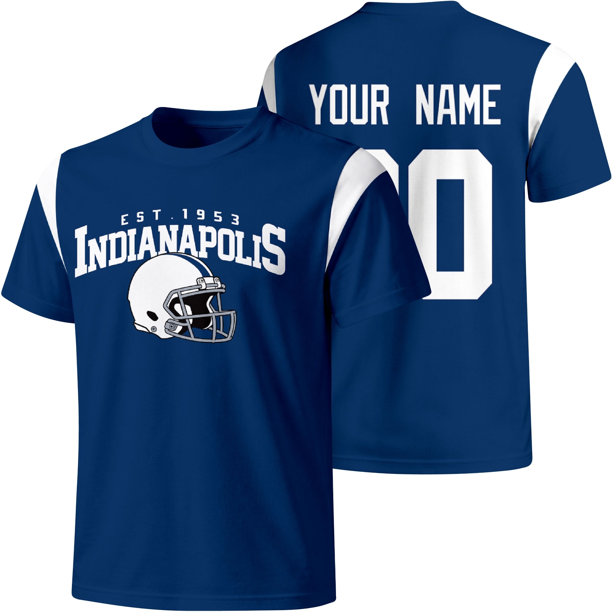 Indianapolis personalized varsity football T shirt in Royal showing front helmet design and back custom name and number