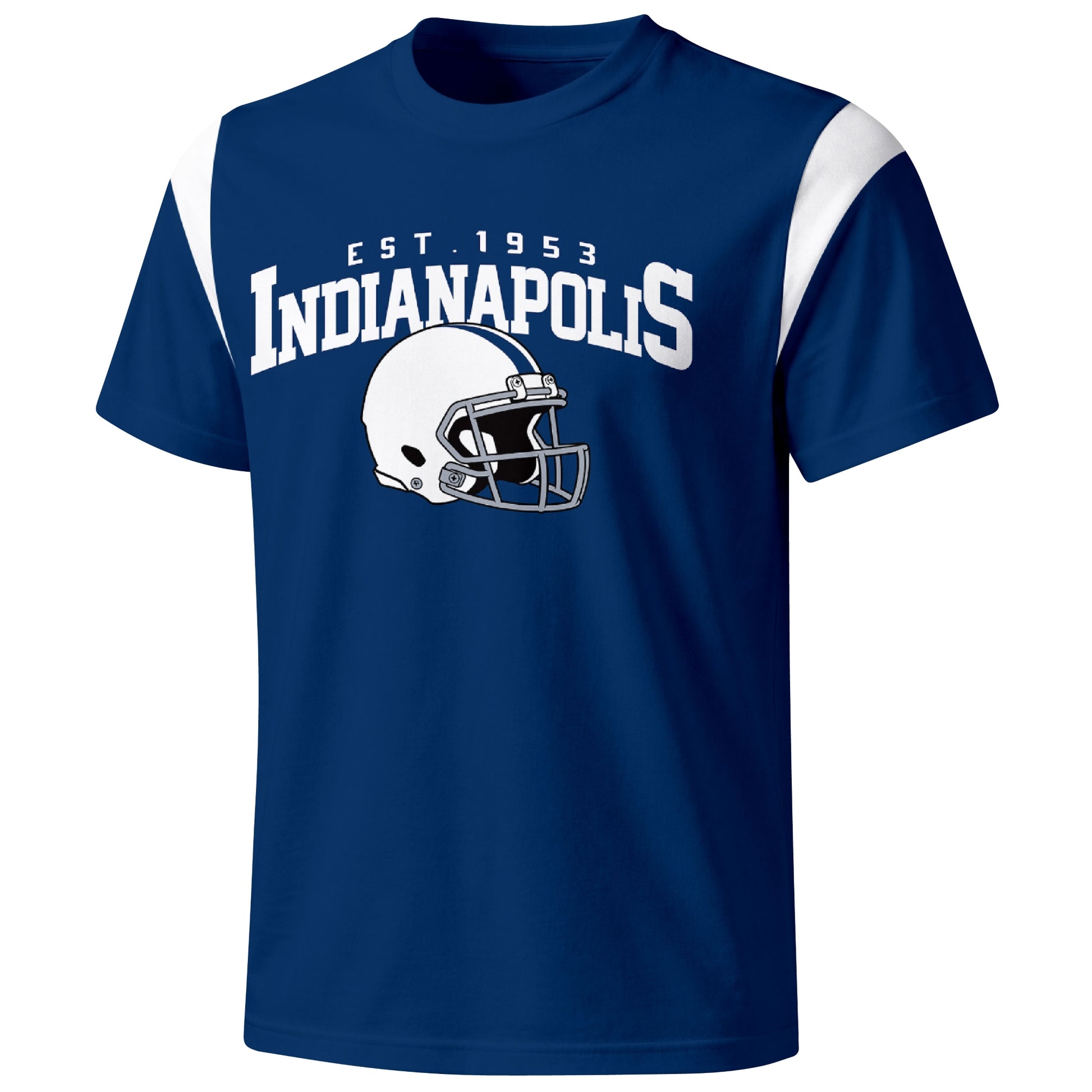 Indianapolis varsity football T shirt in Royal showing the front city helmet design and contrast shoulder panels