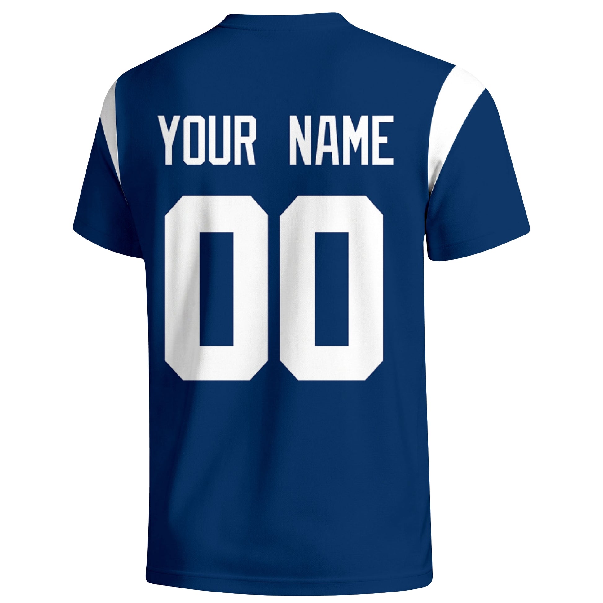 Indianapolis personalized varsity football T shirt in Royal showing the back custom name and number