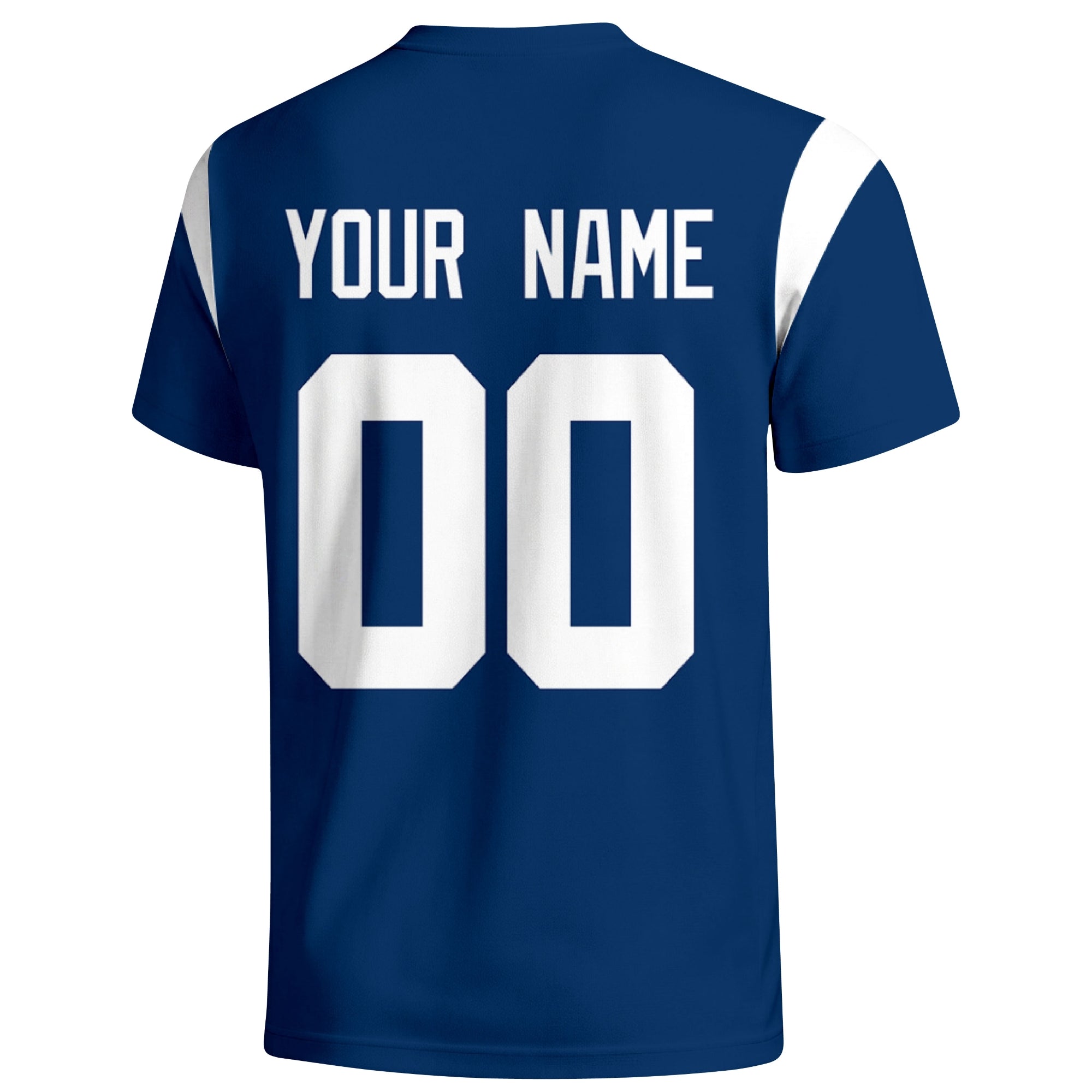 Indianapolis personalized varsity football T shirt in Royal showing the back custom name and number