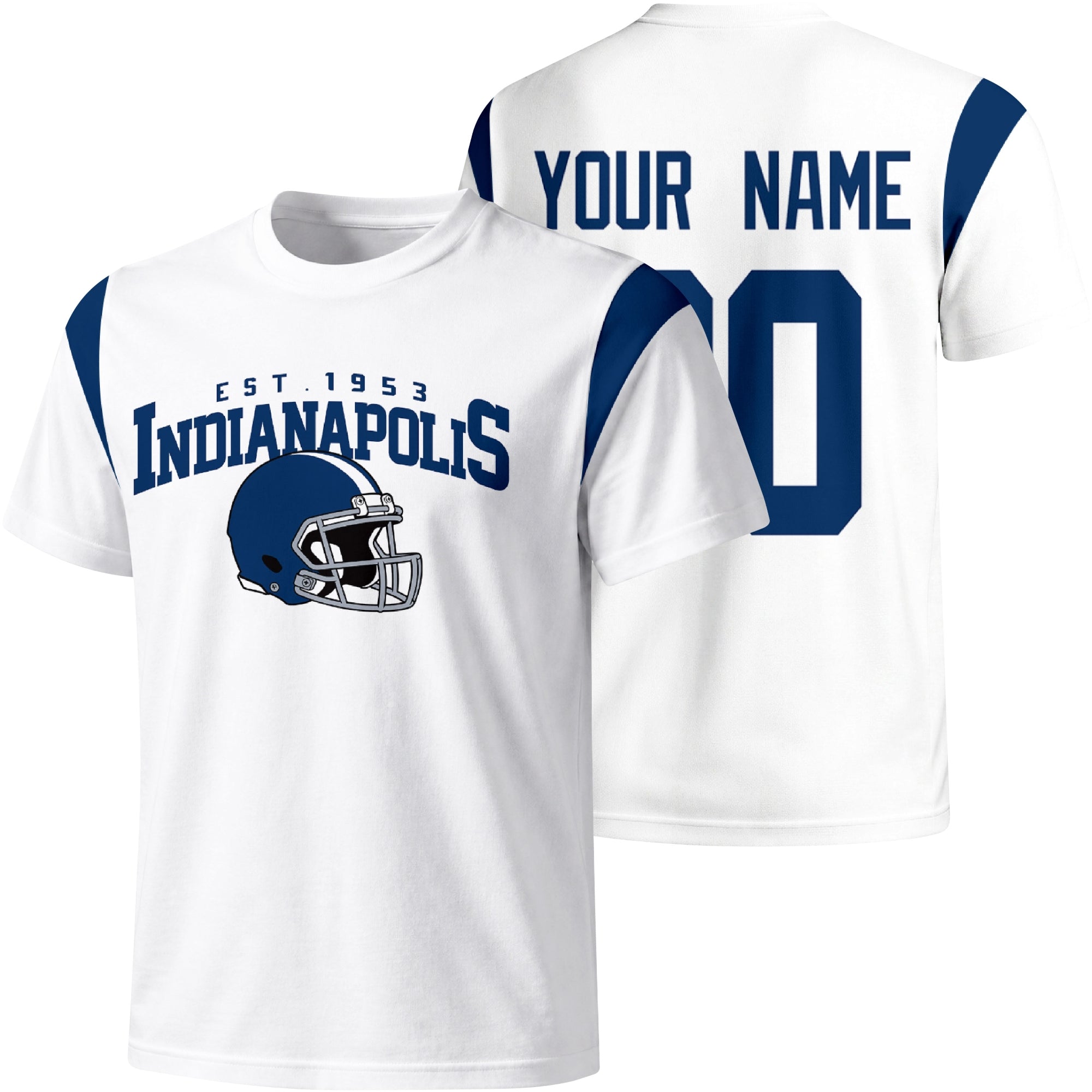 Indianapolis personalized varsity football T shirt in White showing front helmet design and back custom name and number