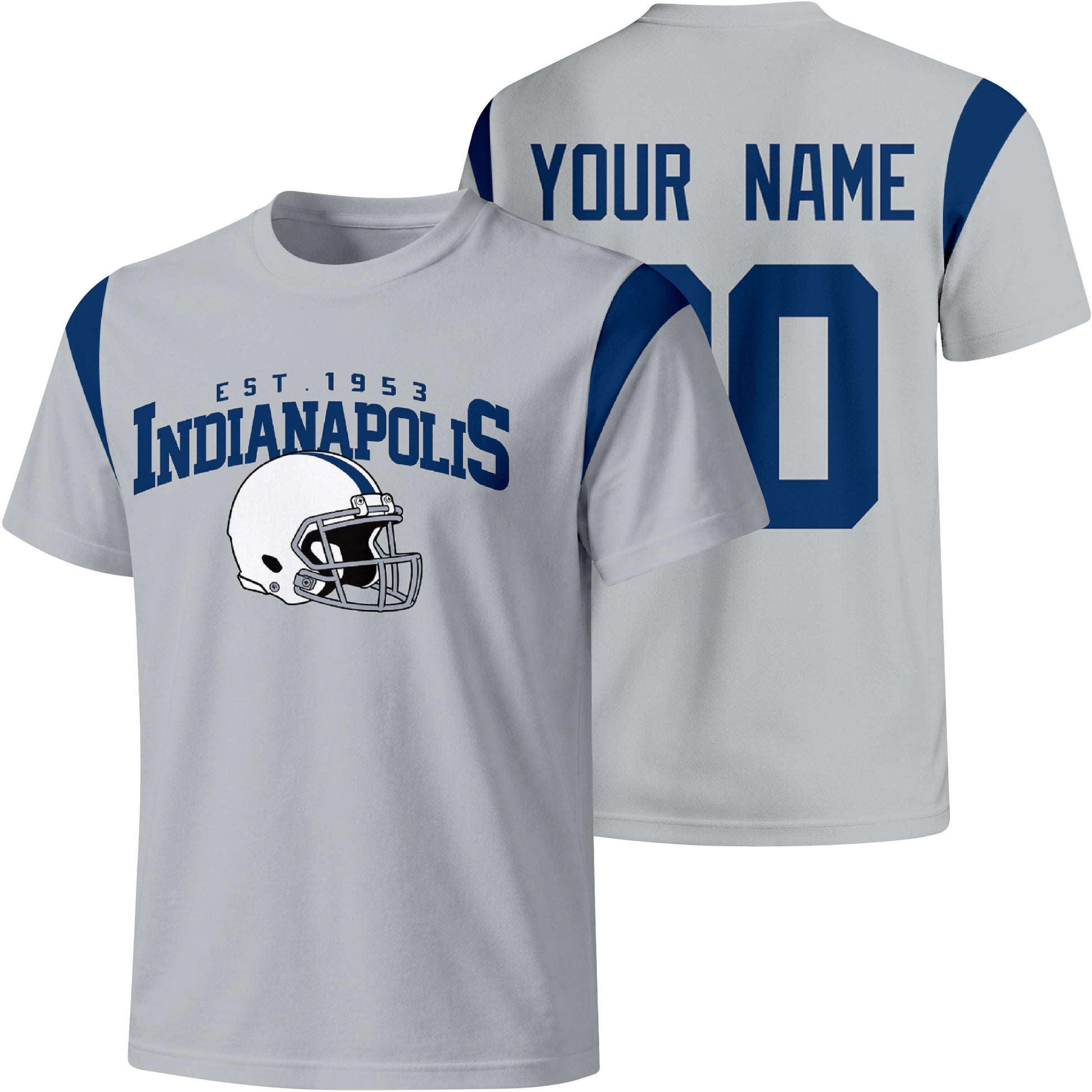 Indianapolis personalized varsity football T shirt in Gray showing front helmet design and back custom name and number