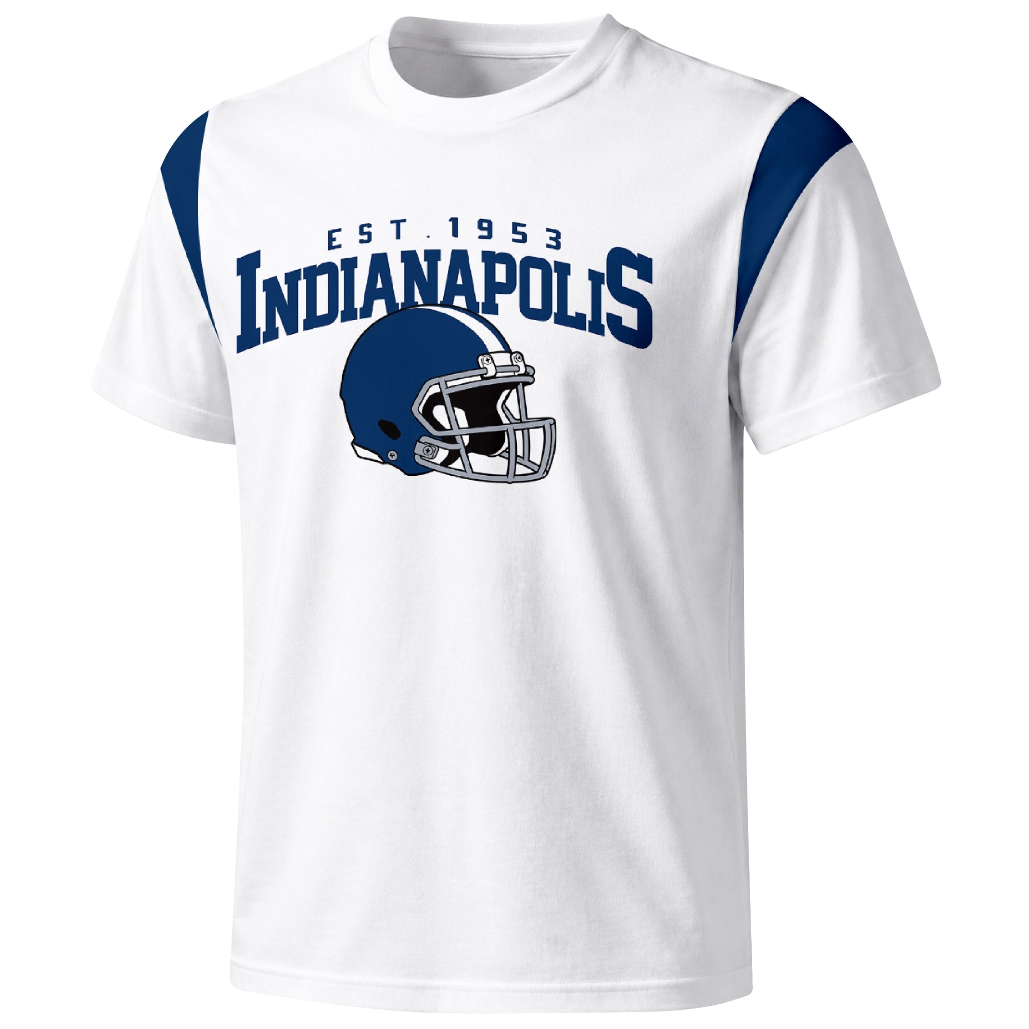 Indianapolis varsity football T shirt in White showing the front city helmet design and contrast shoulder panels