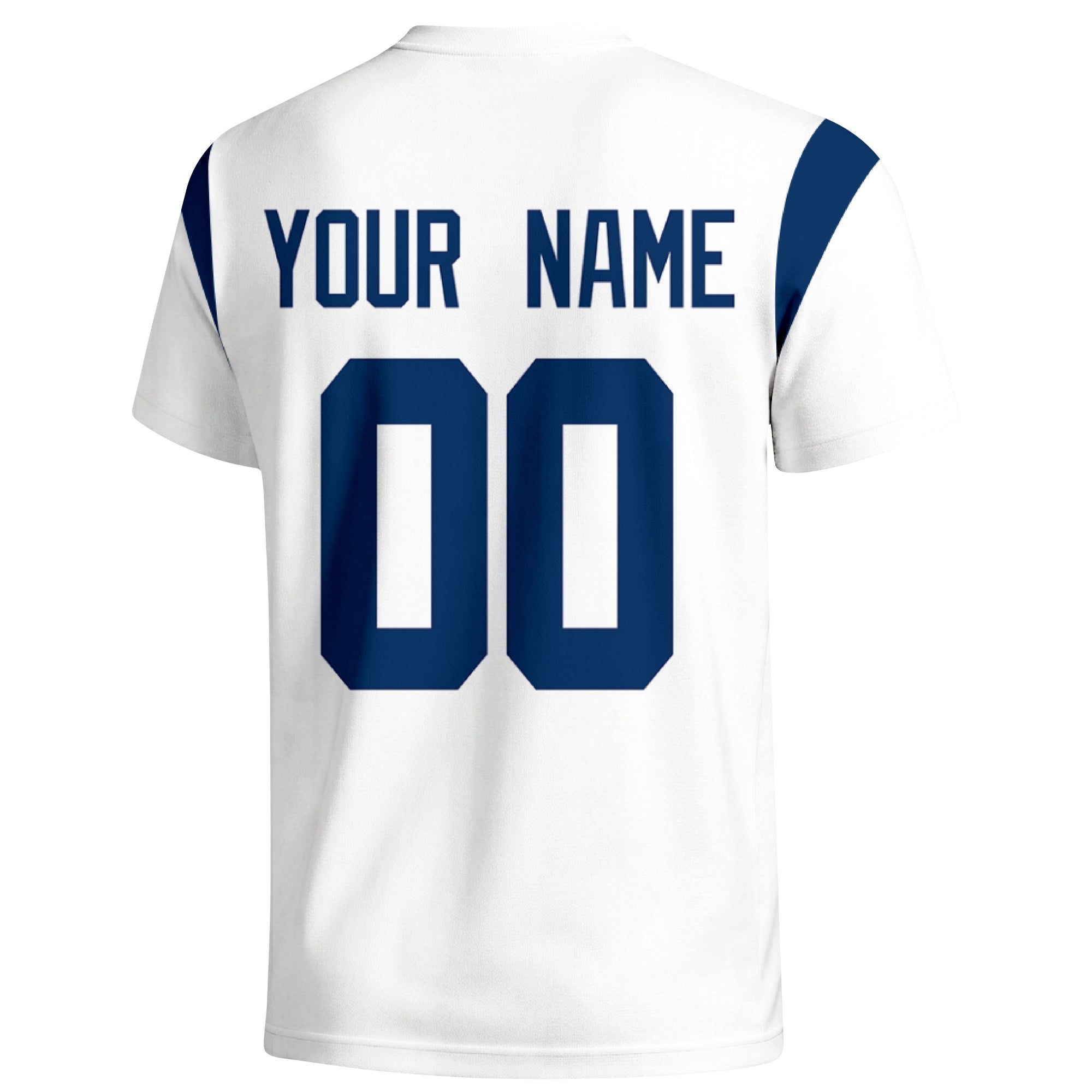 Indianapolis personalized varsity football T shirt in White showing the back custom name and number